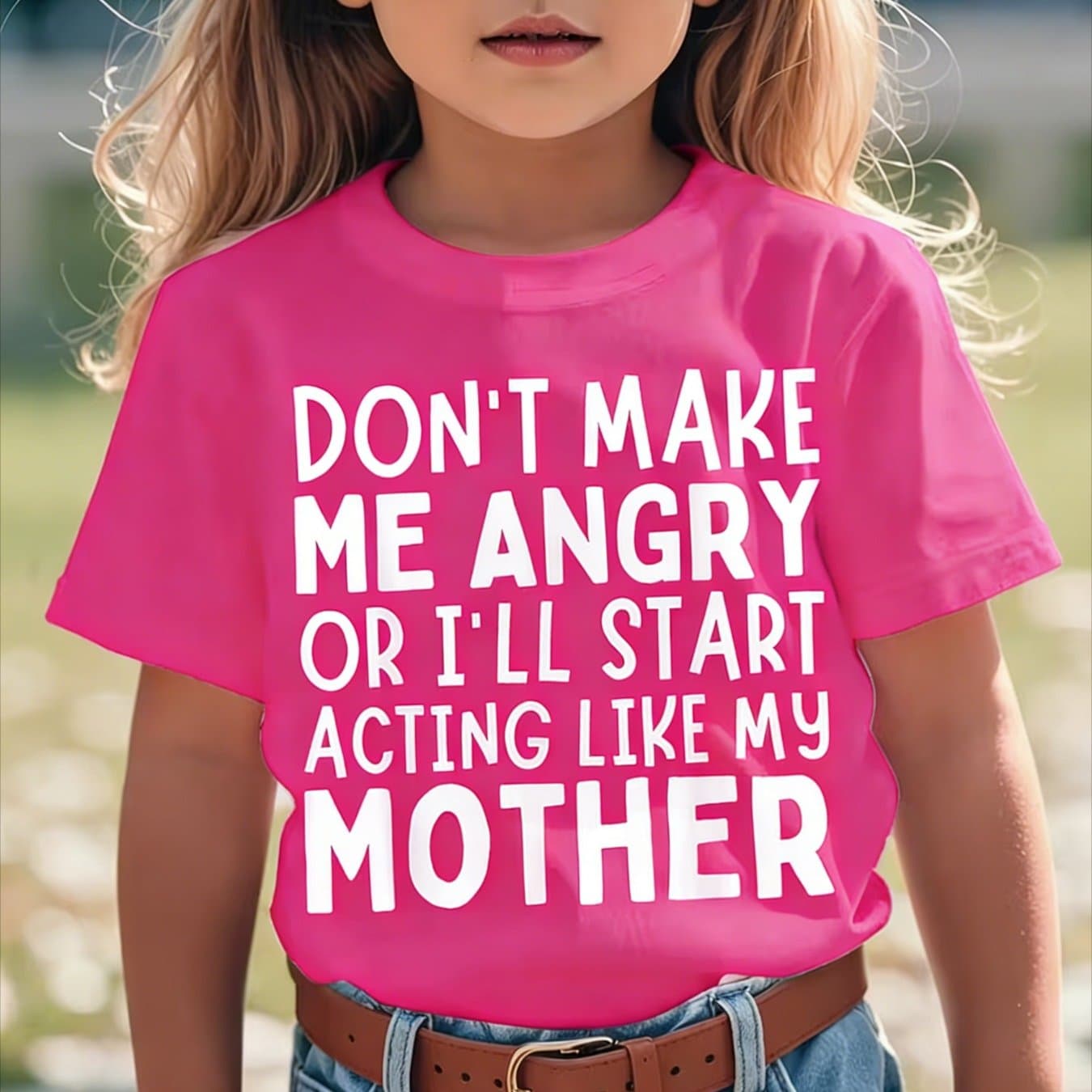 TEMU Girls Funny "don't Act Mom" T-shirt - Soft Breathable Knit Short Sleeve Crew Neck Top With Humorous Warning Design, Machine Washable Casual Playwear Suitable For , Comfortable Kids Fashion