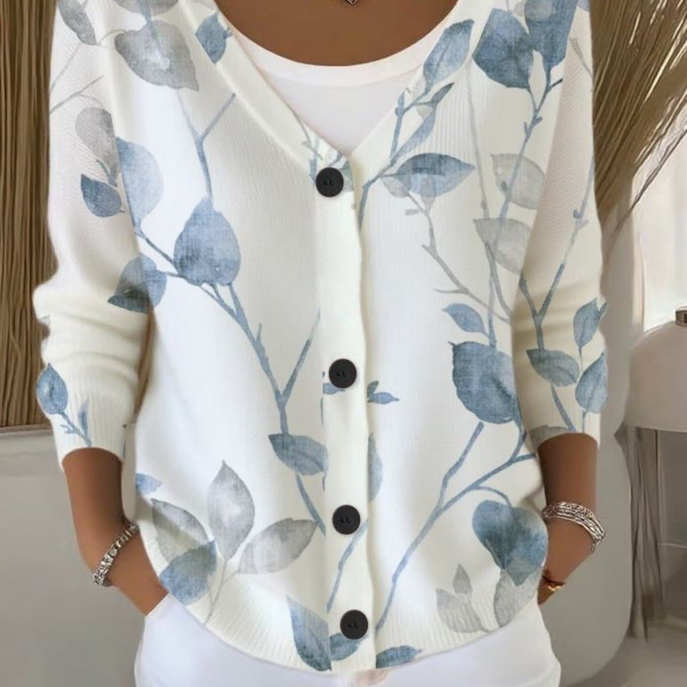 TEMU Women's Flower Pattern Print Button V Neck Cardigan