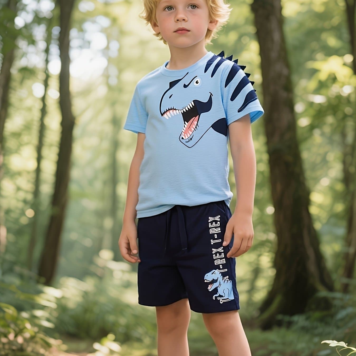 TEMU Summer Set For Boys: Round-neck Pure Knitted Cartoon Dinosaur Short-sleeved T-shirt Top, Navy Blue Cartoon Dinosaur Letter Pocket Shorts Set 2-7y, For Outdoor