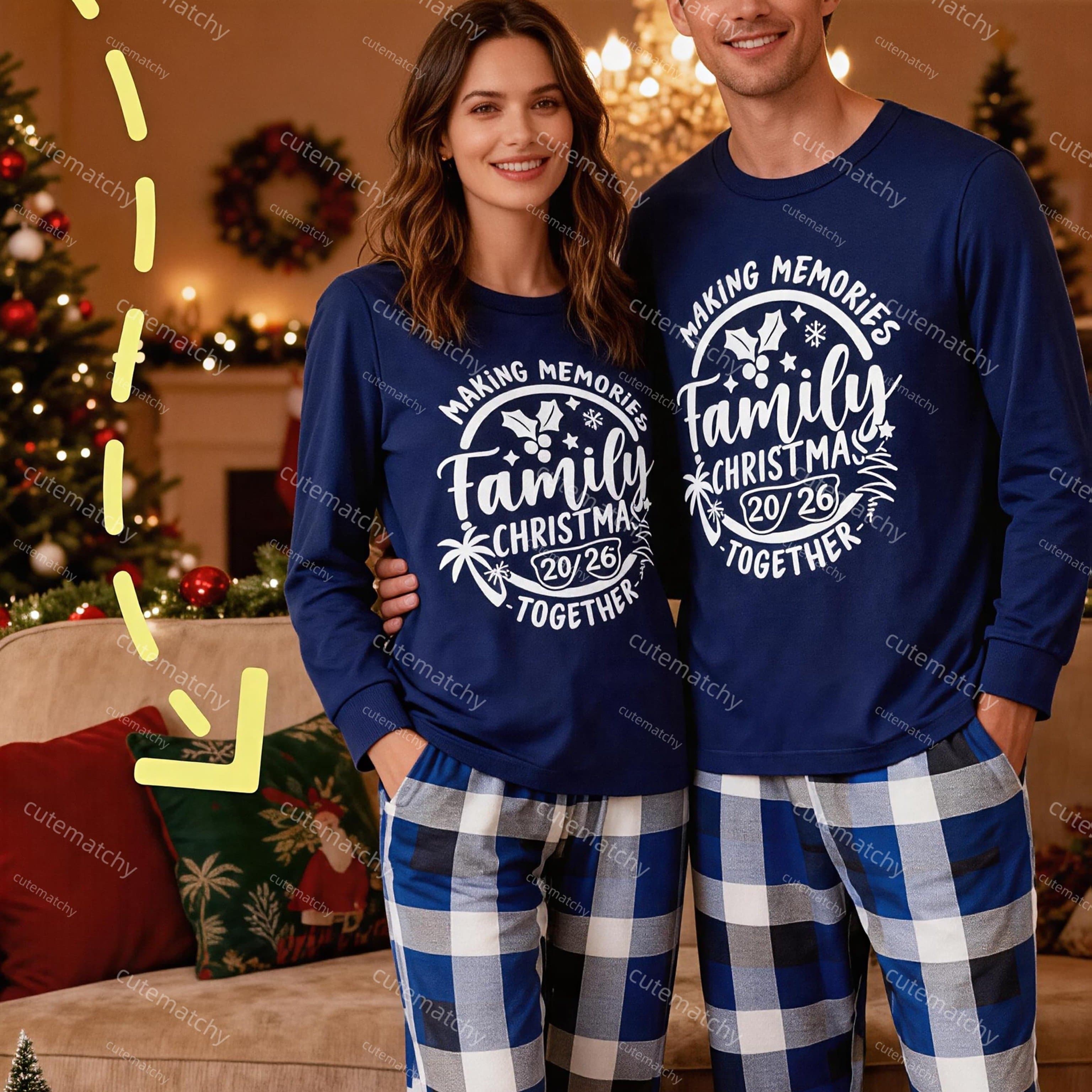 TEMU Men's/women's 's Day Couple Style Loungewear 2026 "make Memories " Print Blue White Plaid Flame Resistant Long Sleeve Crew Neck Sets With Pockets Machine Washable Suitable Gift For Sizes S-3xl