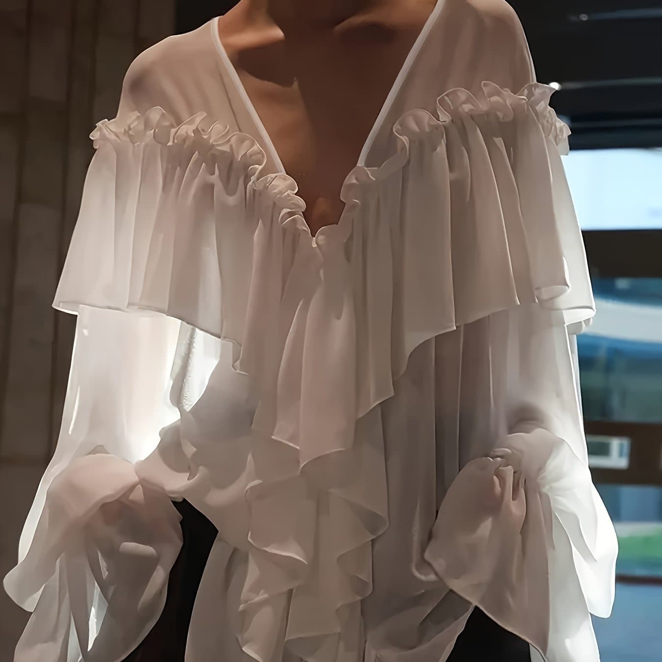 TEMU Summer Fall Beach V-neck Chiffon Blouse, Sleeves, Solid Color Loose Beach Cover-up, Suitable For Outdoor , Casual Fashion Semi-sheer Shirt Design, Women's Chiffon Top []
