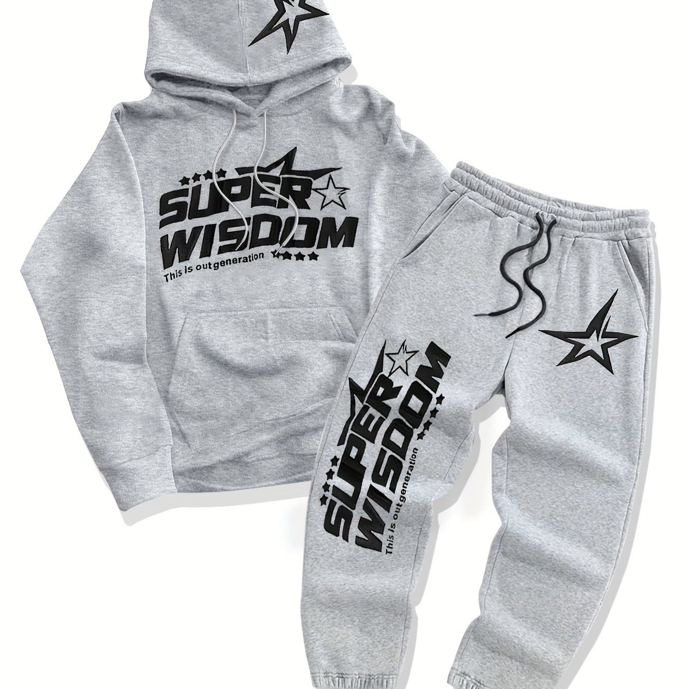 TEMU Men's Casual Print Sweatshirt And Jogger Pants Set, Loose Fit Hooded Hoodie And Sweatpants Outfit For Fall Winter