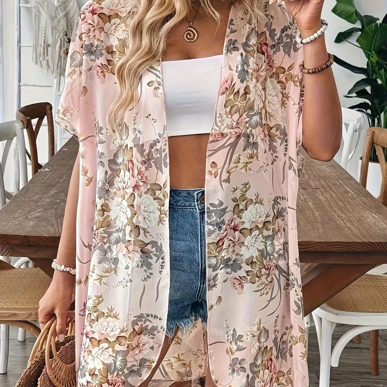 TEMU Women's Casual Short-sleeve Cardigan Shirt, Vacation Semi-transparent Mid-length Chiffon Blouse