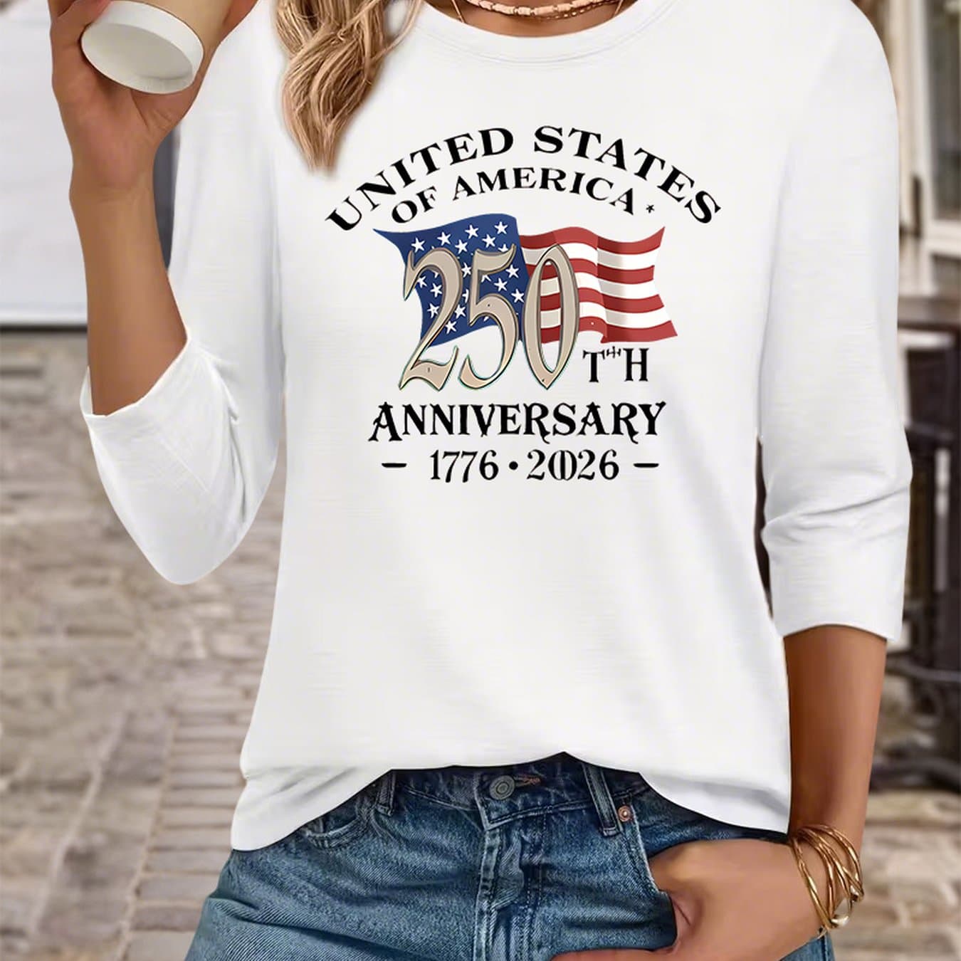 TEMU Women's Usa 250th Anniversary T-shirt 1776-2026 - Soft Breathable 3/4 Sleeve Crew Neck Top With Patriotic American Flag Print, Casual Relaxed Fit Suitable For , July Celebrations & Wear