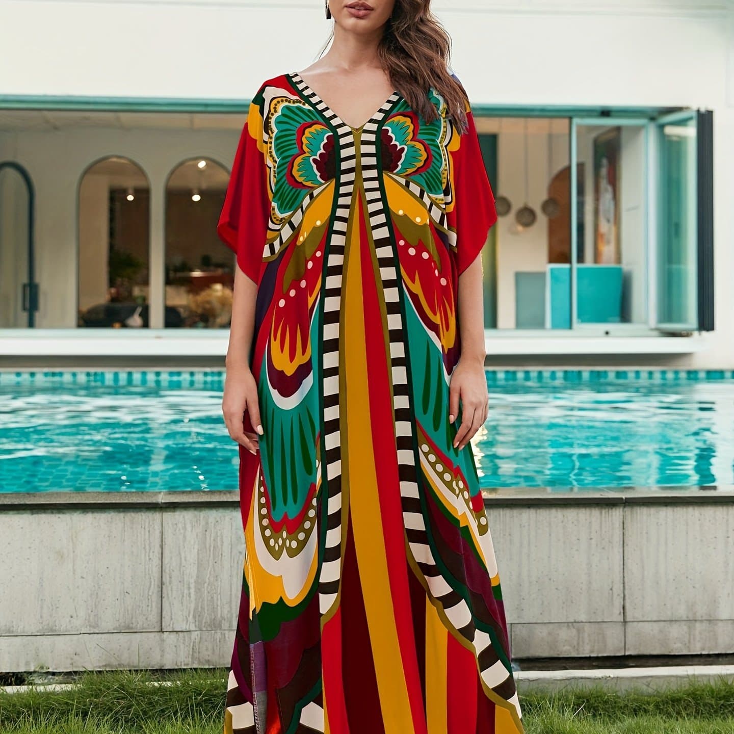 TEMU Plus Size Kaftan Dress, Elegant Style Print Short Sleeve V Neck Loose Fit Up Dress, Women's Swimwear & Clothing