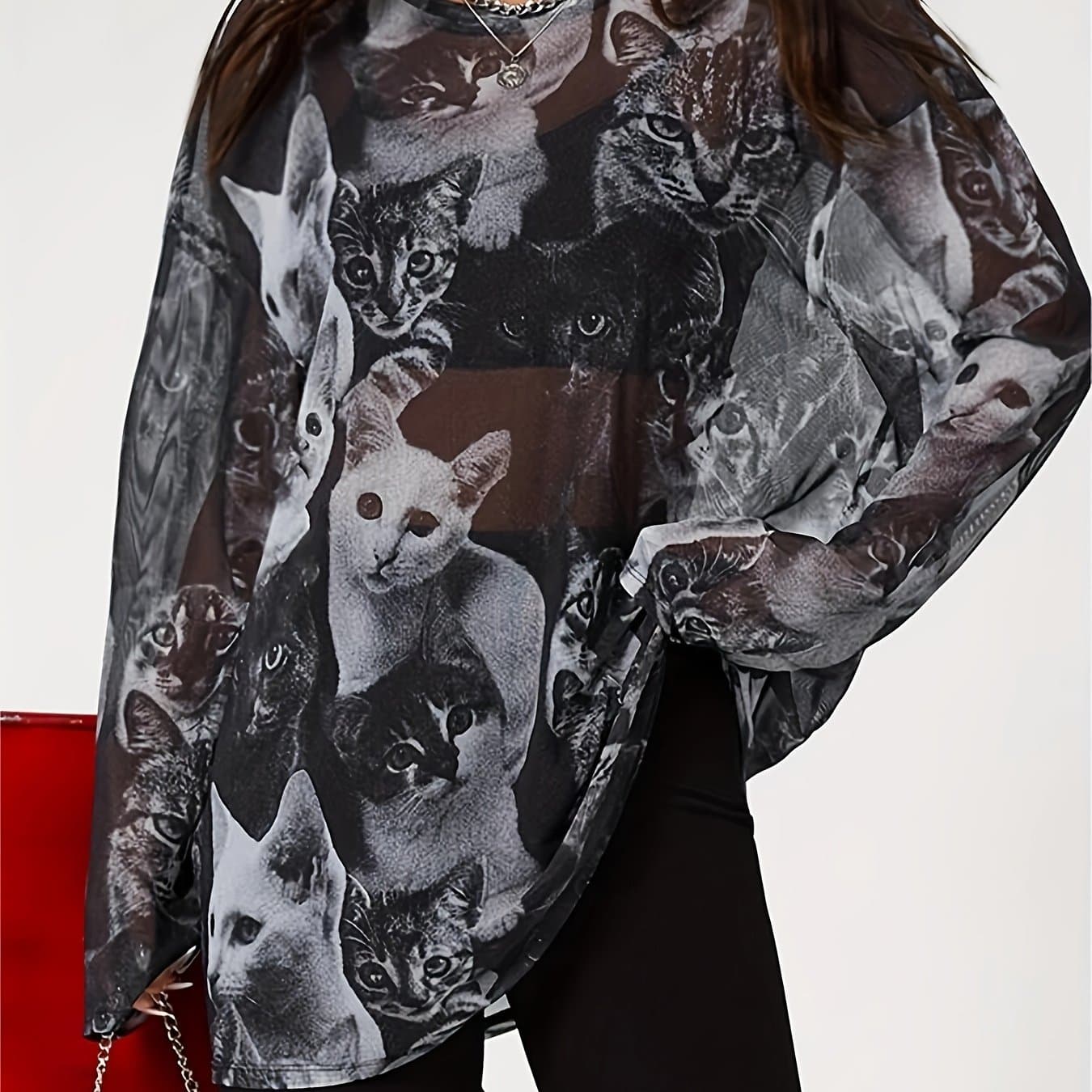 TEMU Cat Print Loose Mesh T-shirt, Long Sleeve