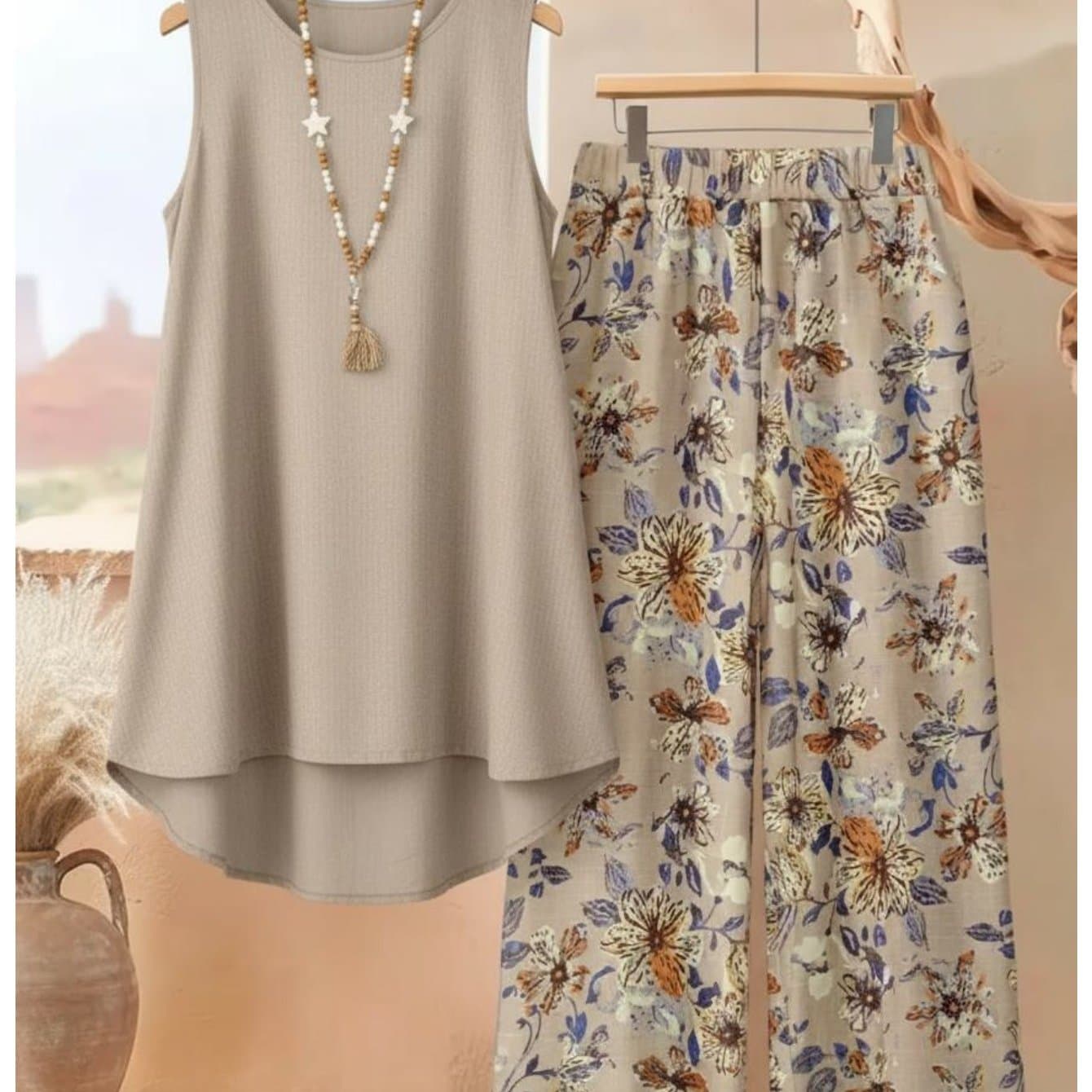 TEMU Khaki Loose Sleeveless Top + Floral Print Wide-leg Pants Women'-piece Set | Fresh And Relaxed Casual For Spring/summer Homewear & Light Vacation Outfits