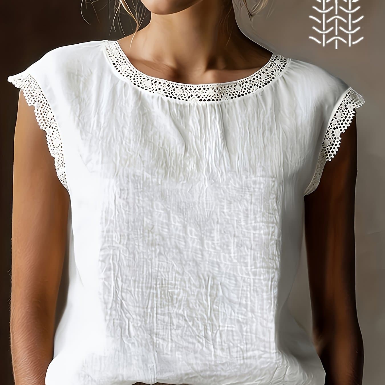 TEMU Vintage Style Women's Linen Short-sleeve Top With Lace , Round Neck, Loose Fit,, Summer Breathable Linen T-shirt, Ytd