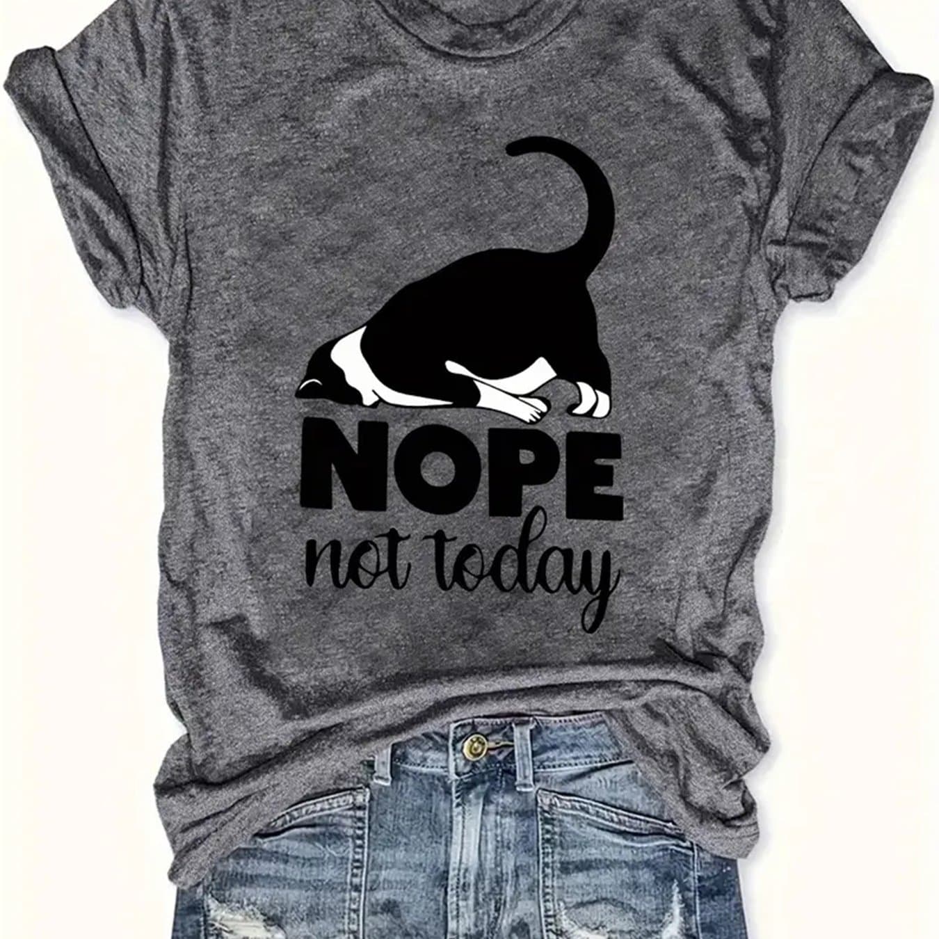 TEMU Cute Cat Graphic Tee, "nope Not Today", Perfect T-shirt For Cat Lovers & Owners, Fun And Whimsical Design Featuring Adorable Sleeping Cat, Great Gift For Birthdays, Holidays