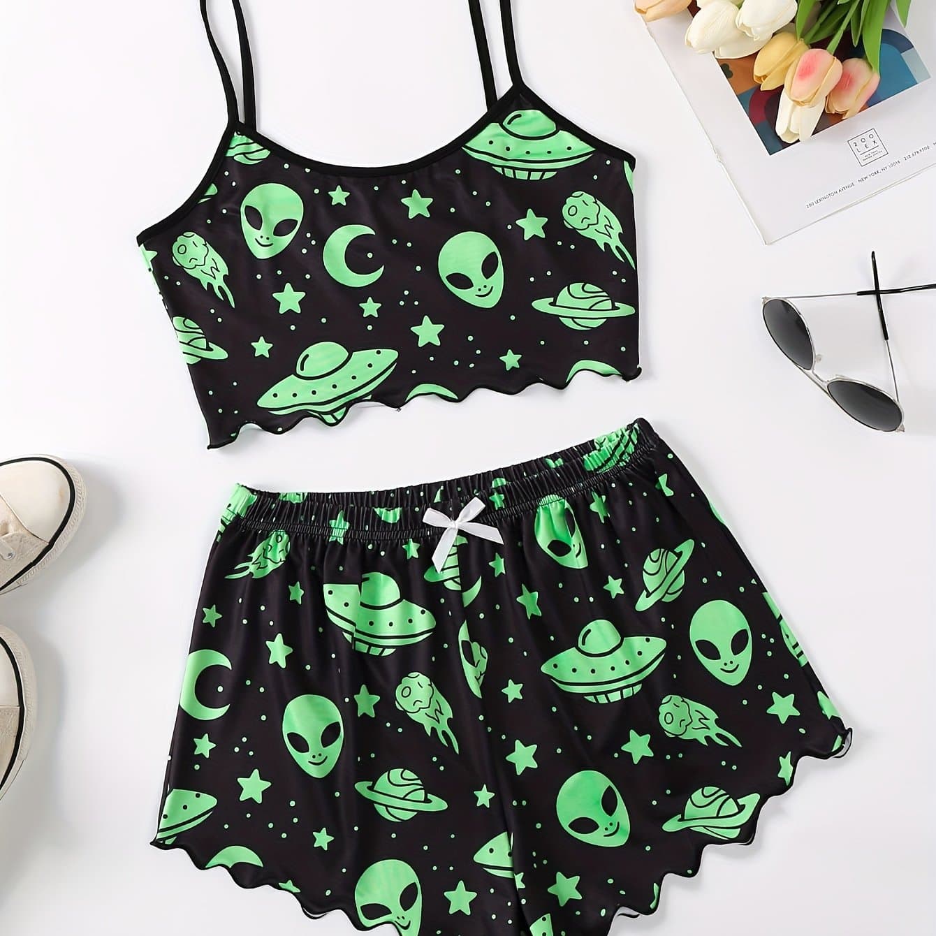 TEMU Women's Cartoon Frill Trim Pajama Set, Round Neck Backless Crop Cami Top & Shorts, Comfortable Relaxed Fit, Summer Nightwear