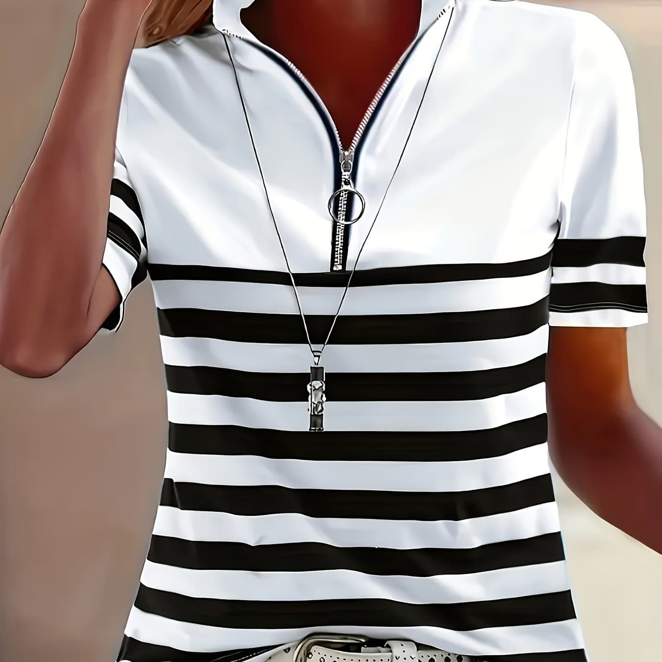 TEMU Spring Summer Women's Short Sleeve Stand Collar T-shirt, Zipper Design Striped Print Top