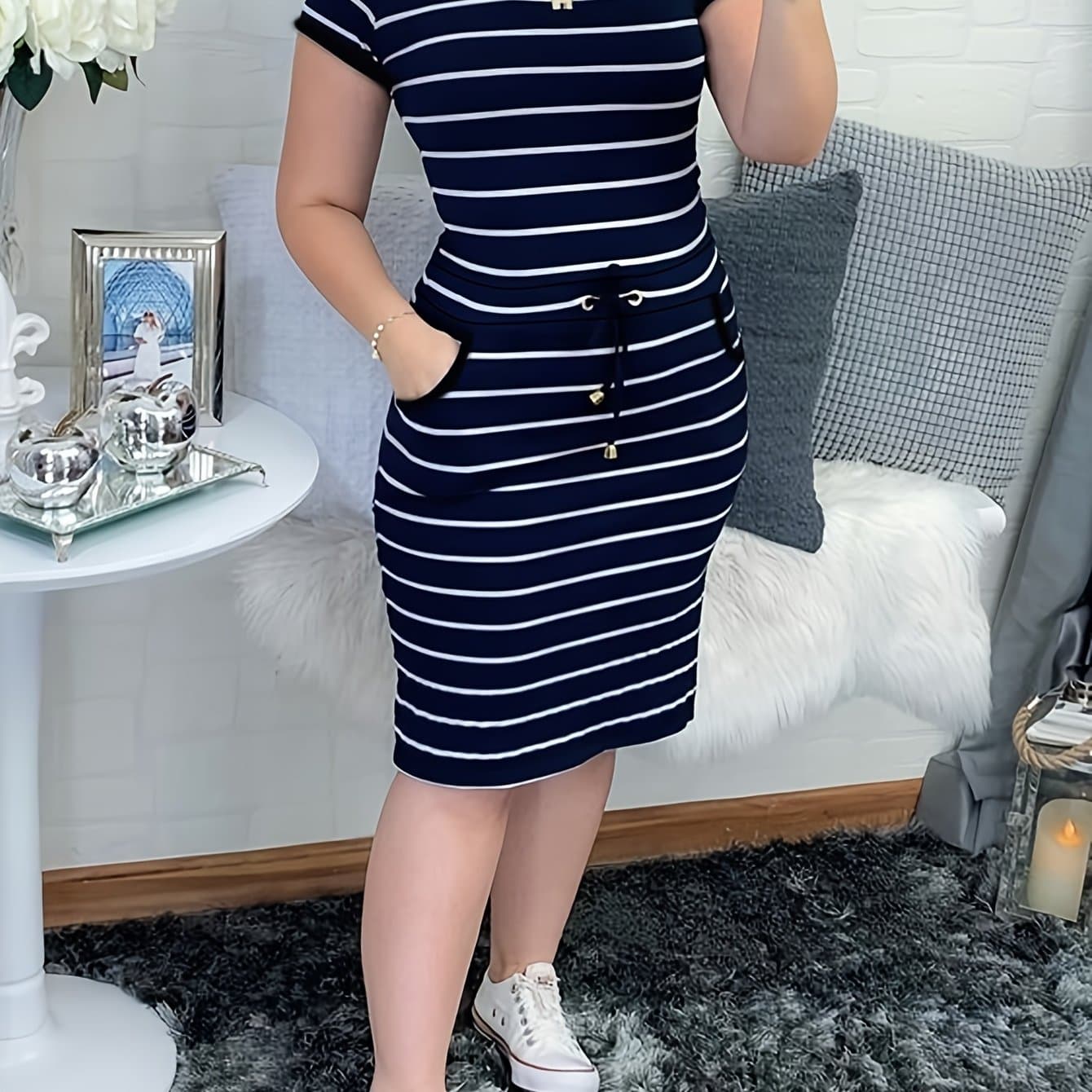 TEMU New Casual Double-pocket Striped Drawstring Hip-hugging Dress