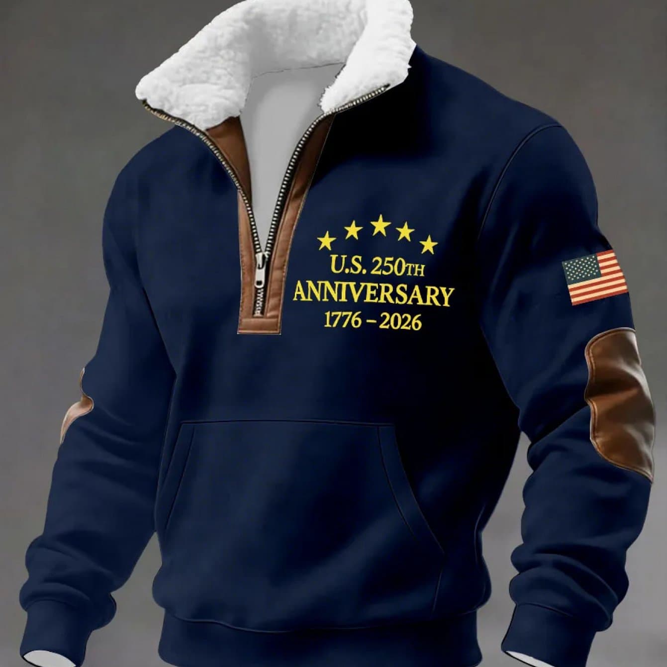 TEMU Men's Plus Size Full-body U.s. 250th Anniversary Print Hoodie - Navy Quarter-zip Fleece Collar Pullover, Long-sleeve Casual With Stand Collar | Machine Washable & Seasonal Wear For Daily Outfits