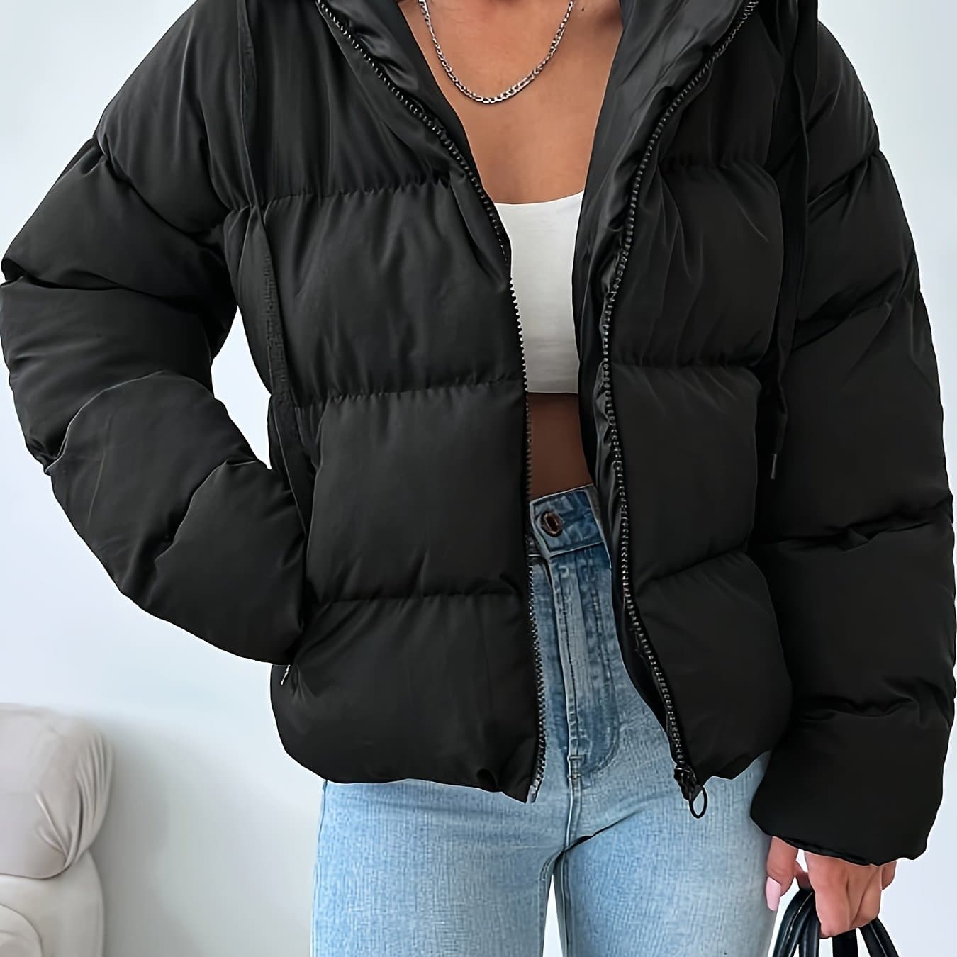 TEMU European And American Women's Zipper Hooded Casual Fashion Flight Route Style Padded Warm Solid Color