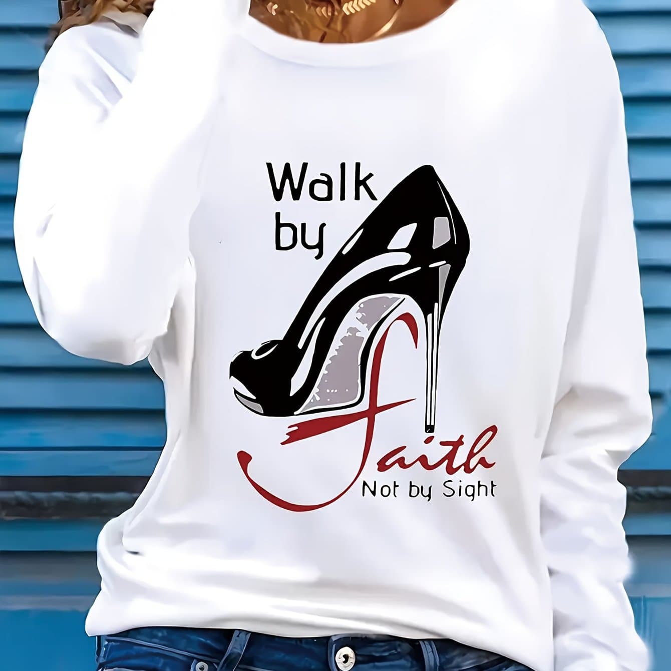 TEMU Women's Long Sleeve Crew Neck T-shirt - High Heels And "walk With " Inspirational Graphic Print - Comfortable And Breathable Casual Top - Machine Washable Wear, Women's T-shirt