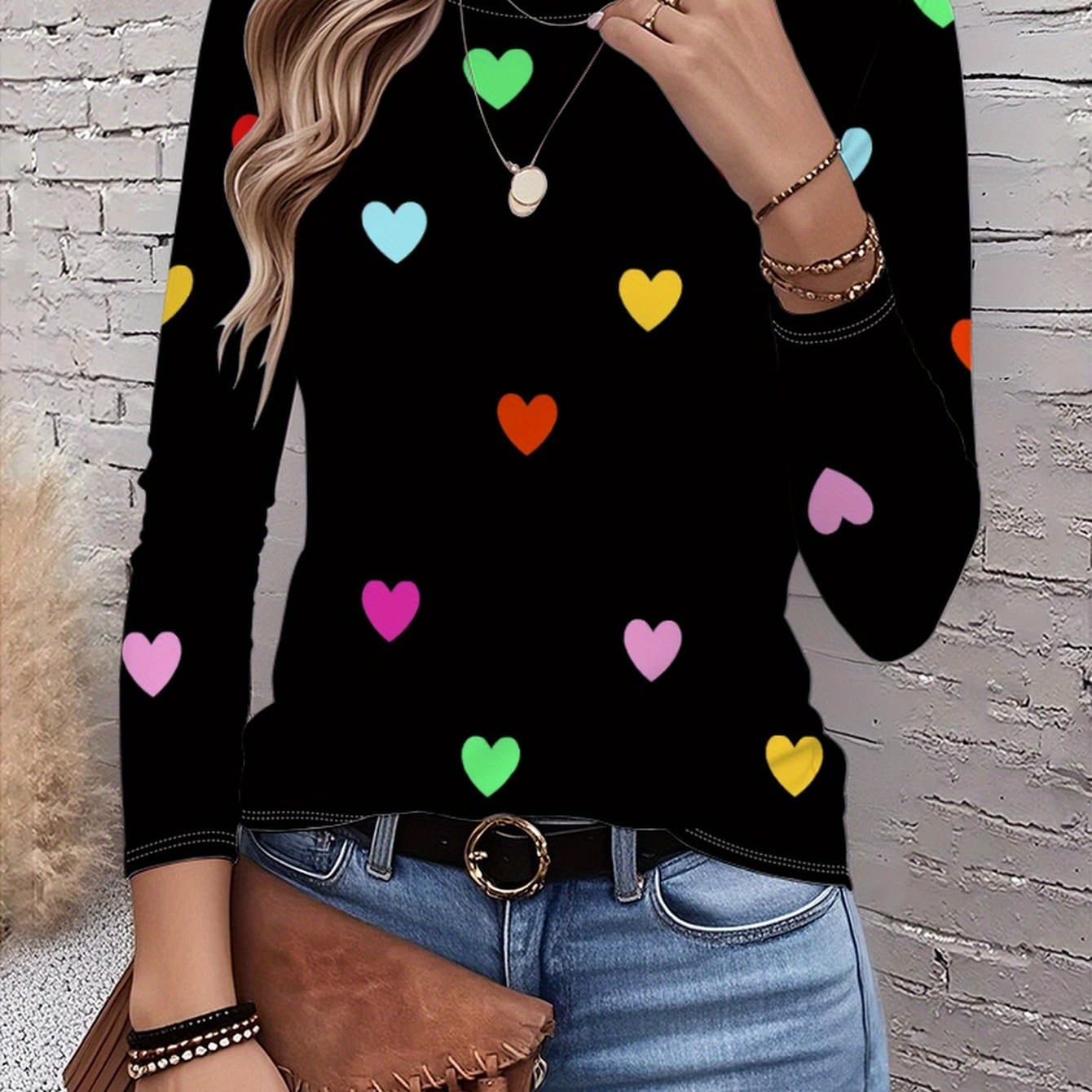 TEMU Print T-shirt, Long Sleeve Round Neck Casual Top, Suitable For Spring And Autumn Season, Women's Clothing