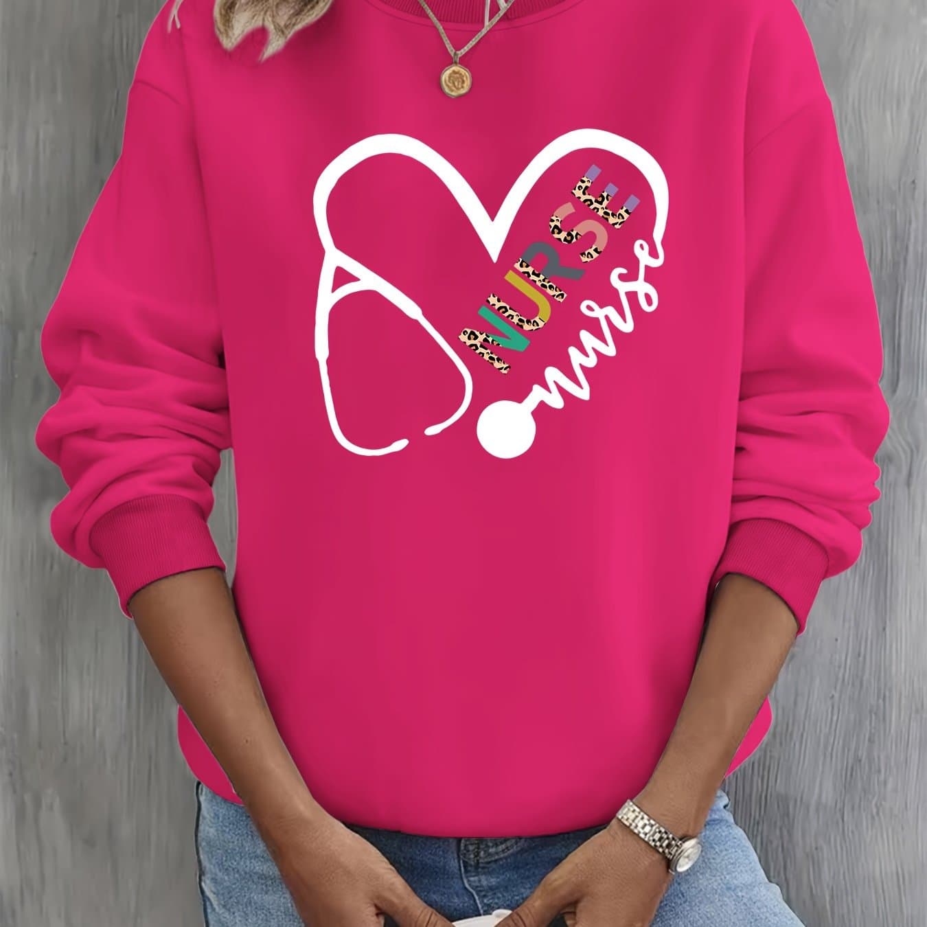 TEMU Heart & Letter Print Pullover Sweatshirt, Cute Long Sleeve Crew Neck Sweatshirt, Women's Clothing
