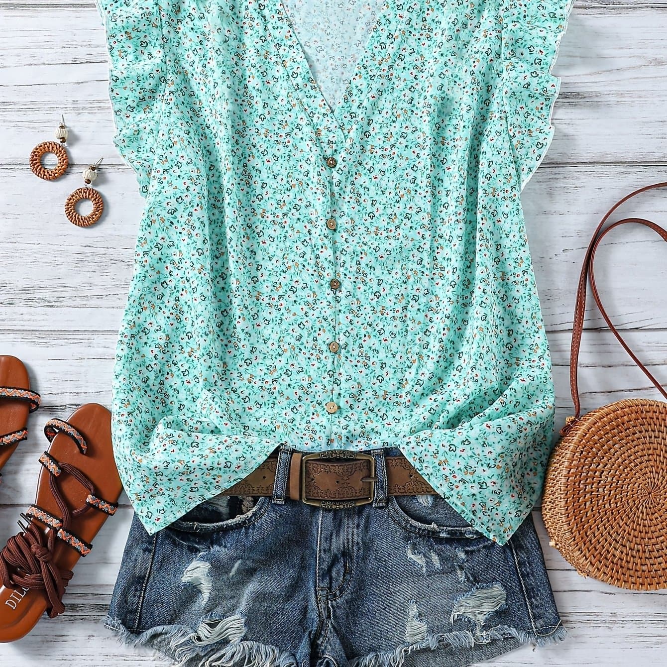 TEMU Floral Print Shirt With Flutter Sleeves, Ruffle Trim, And V-neck Design, Women's Casual Loose And Elegant Pullover