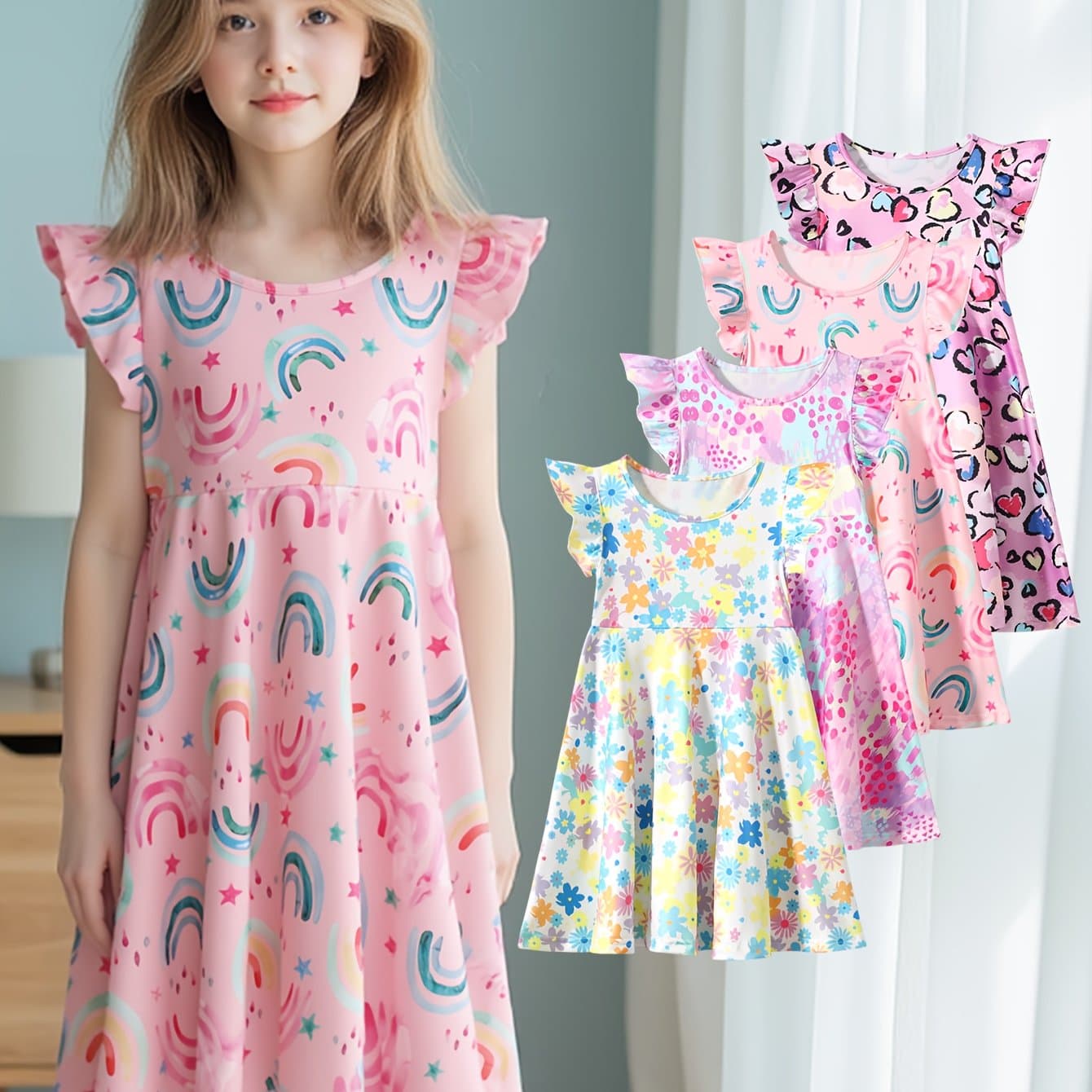TEMU 4pcs Girls Casual Dress Summer Dress 8 Years Old Girl Fashionable Breathable Skirt 10 Years Old Children Dress Dress Clothing Summer