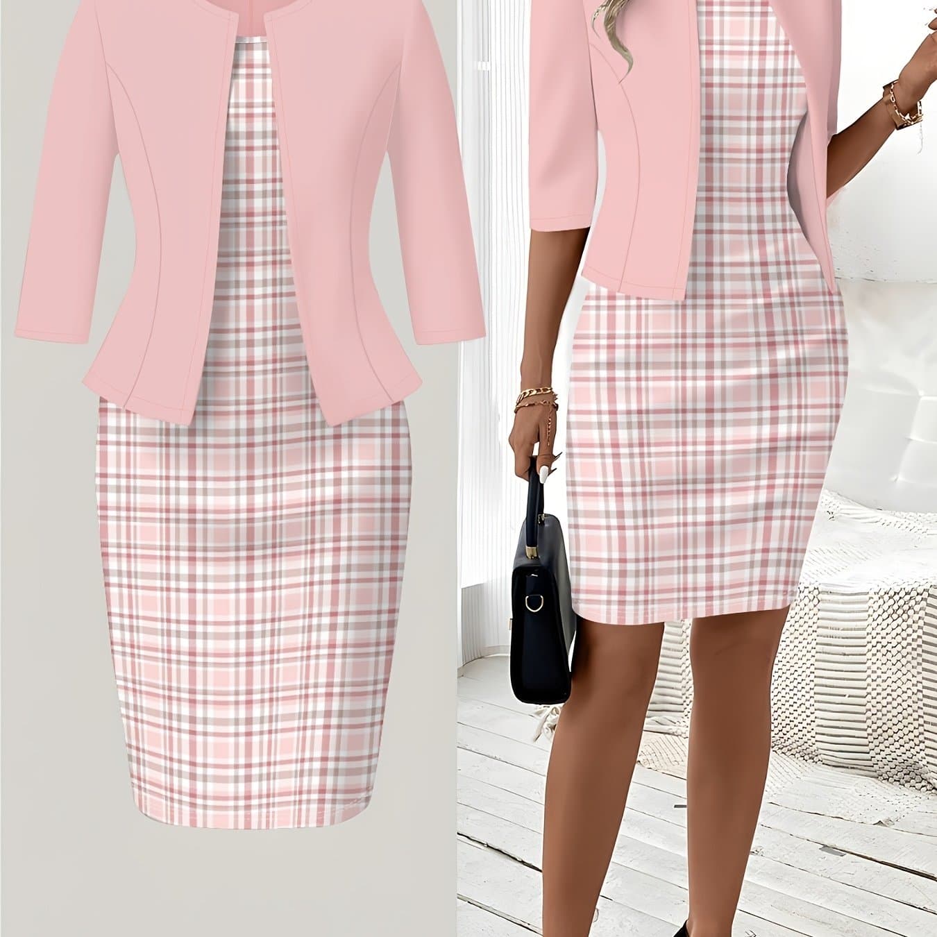 TEMU Qc - Printed Design Pink And White Pattern Print Crew Neck Dress Set