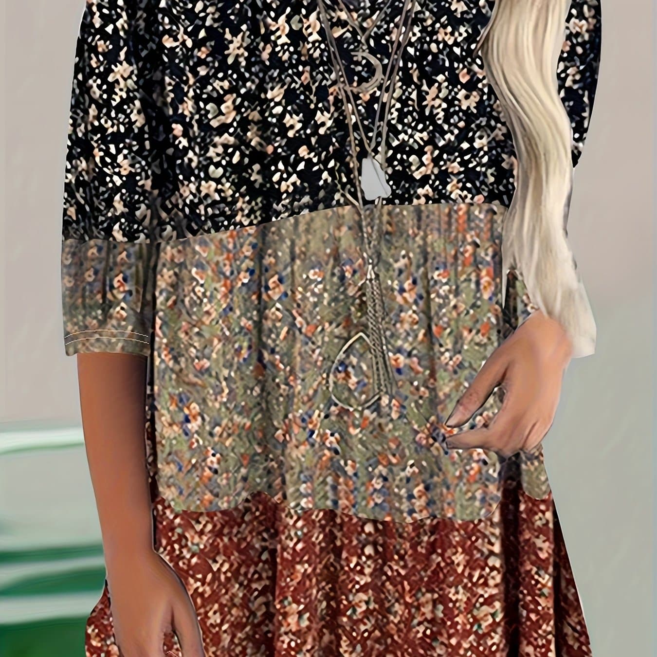 TEMU Plus Size, Plus Size Bohemian Style Three-quarter Sleeve T-shirt Top, Women's Plus Size Floral Print Contrast Stitching Casual Stretchy Top For All