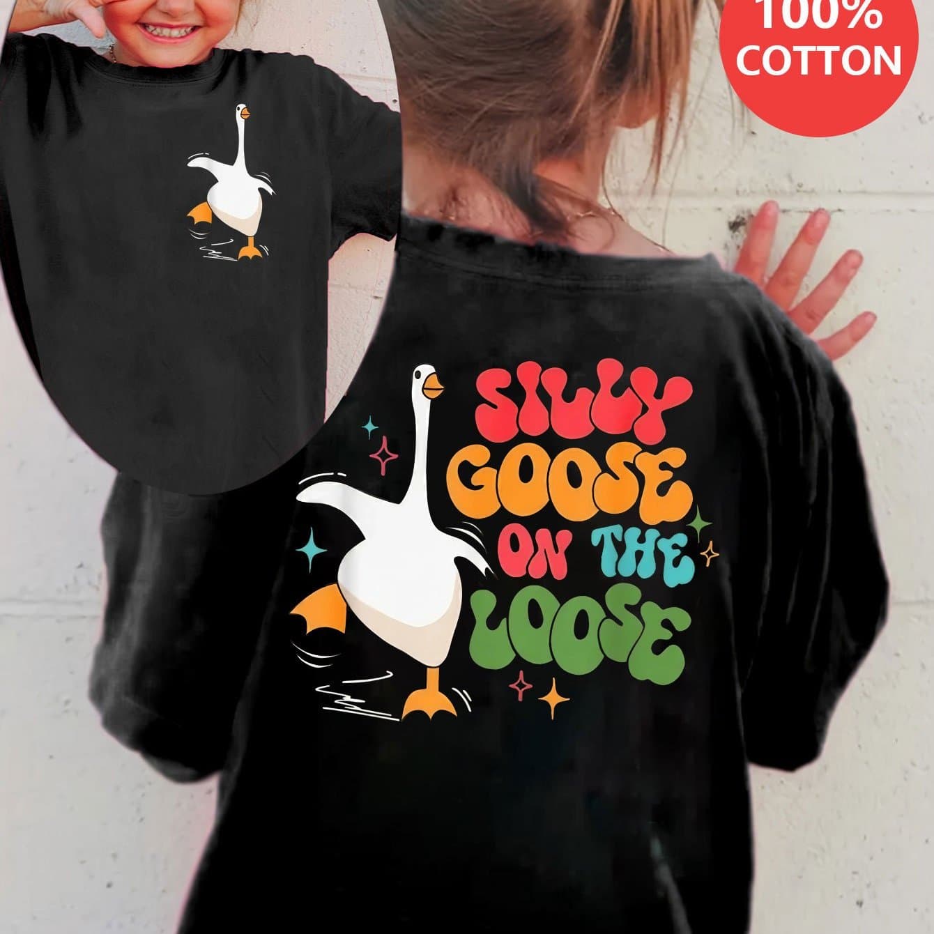 TEMU 1pc Gourd Doll Girls' Casual Cotton T-shirt, "silly " Lettering & Cartoon Animal Print, Crew Neck, Short Sleeve, Asymmetrical Hem, Summer Knit Top, Gourd Doll
