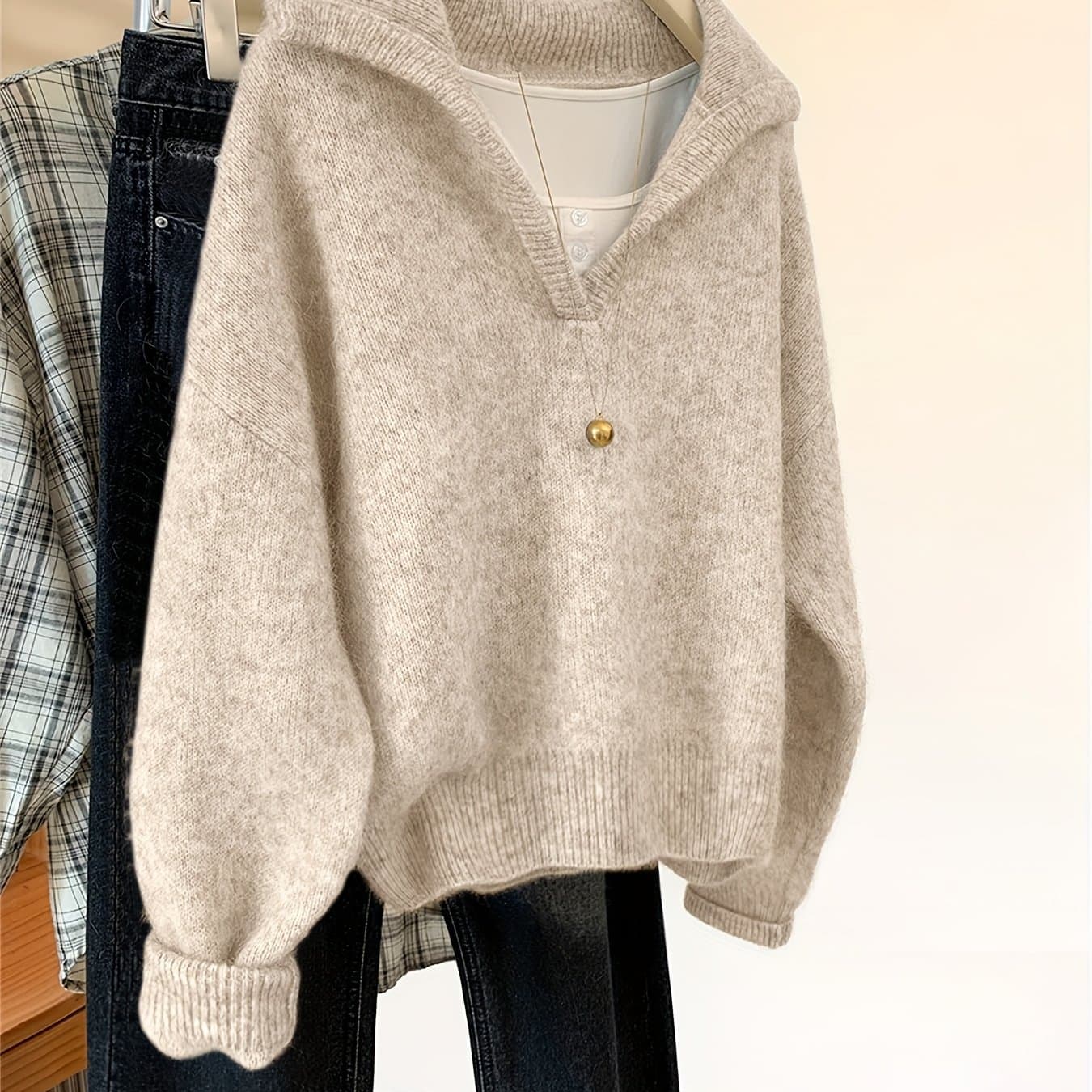 TEMU Fashionable High-end Solid Color Lapel Pullover Sweater, Vintage Relaxed Style Versatile Soft Sweater, Fashionable Commuter Women's Autumn/winter Sweater Top ()