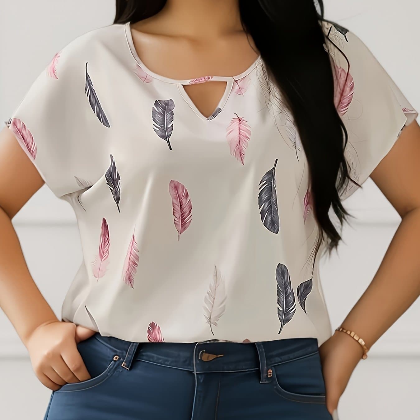TEMU Plus Size, Bestie Women's Plus Size Elegant Short-sleeve Blouse With Print - Curve-hugging Short Sleeve, - Machine Washable Shirt Suitable For, Semi-formal & Casual Wear