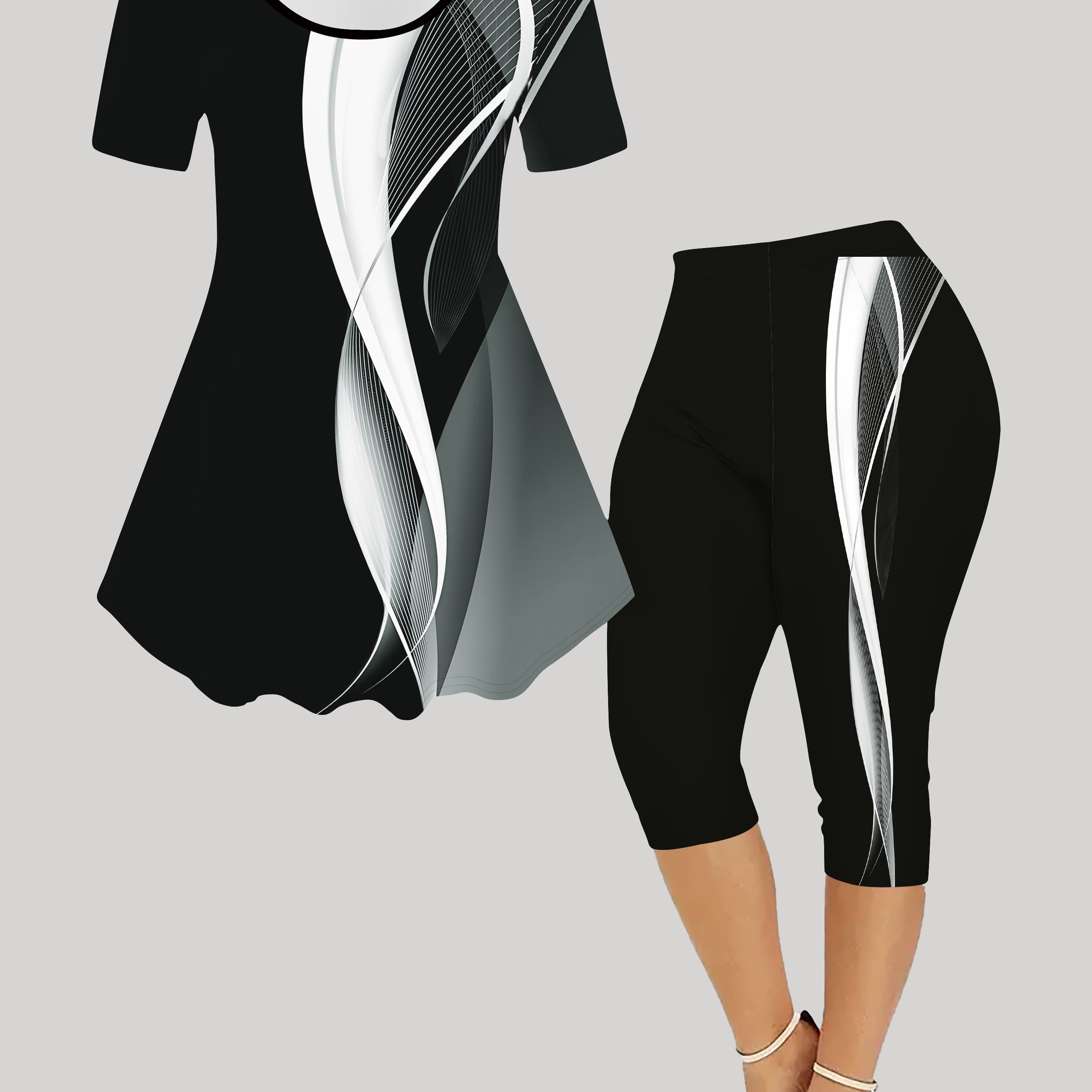 TEMU Women's Geometric Print Fashion Short Sleeve Capri Pants Set
