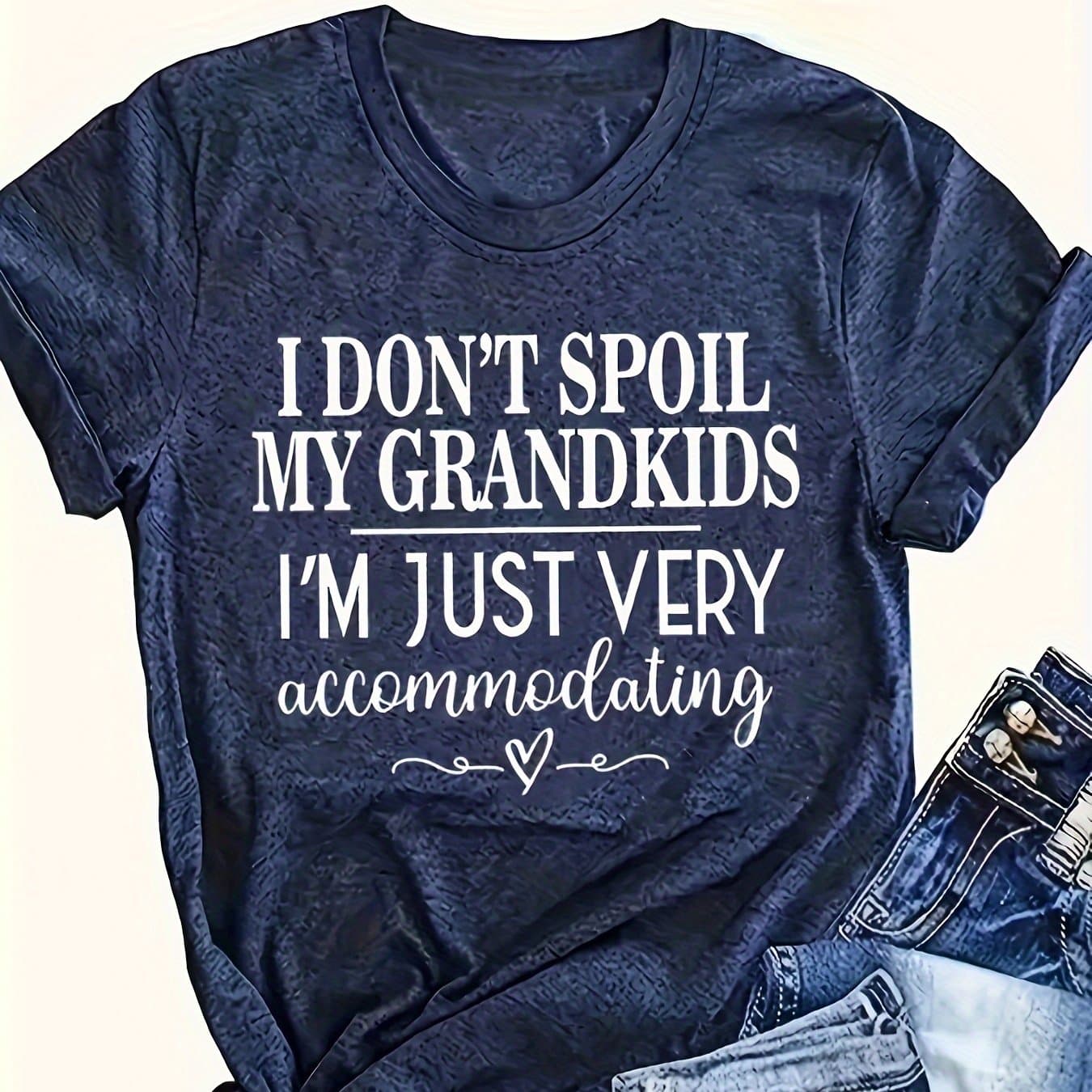 TEMU Women's Casual Crewneck T-shirt With The Words " My Grandson", Soft Mixed Fabric, Regular Length, All - 60% Polyester, 35%, 5% Elastane, Women's T-shirt