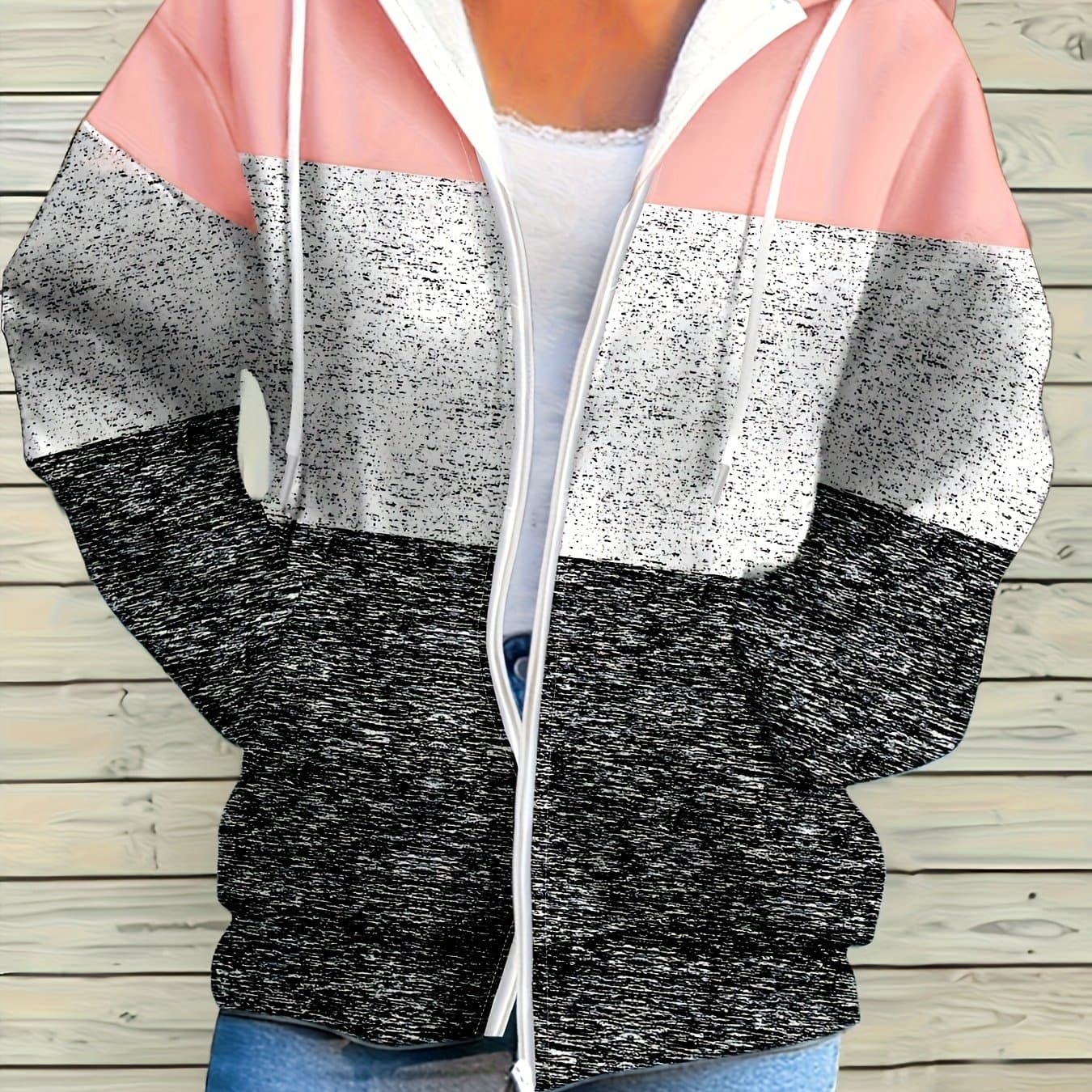 TEMU Plus Size - Directional Color- Zip-up Hoodie, Casual Long-sleeve Drawstring Sweatshirt For Women, Perfect For Autumn
