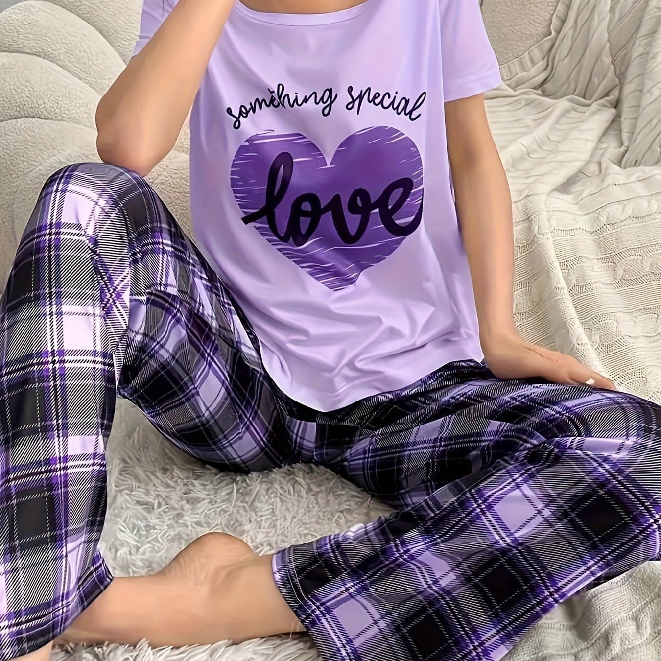 TEMU Casual Pajama Set For Women Featuring Heart And Letter Designs, With A Short-sleeve Round Neck Top And Plaid Trousers, Designed For A Comfortable And Relaxed Fit