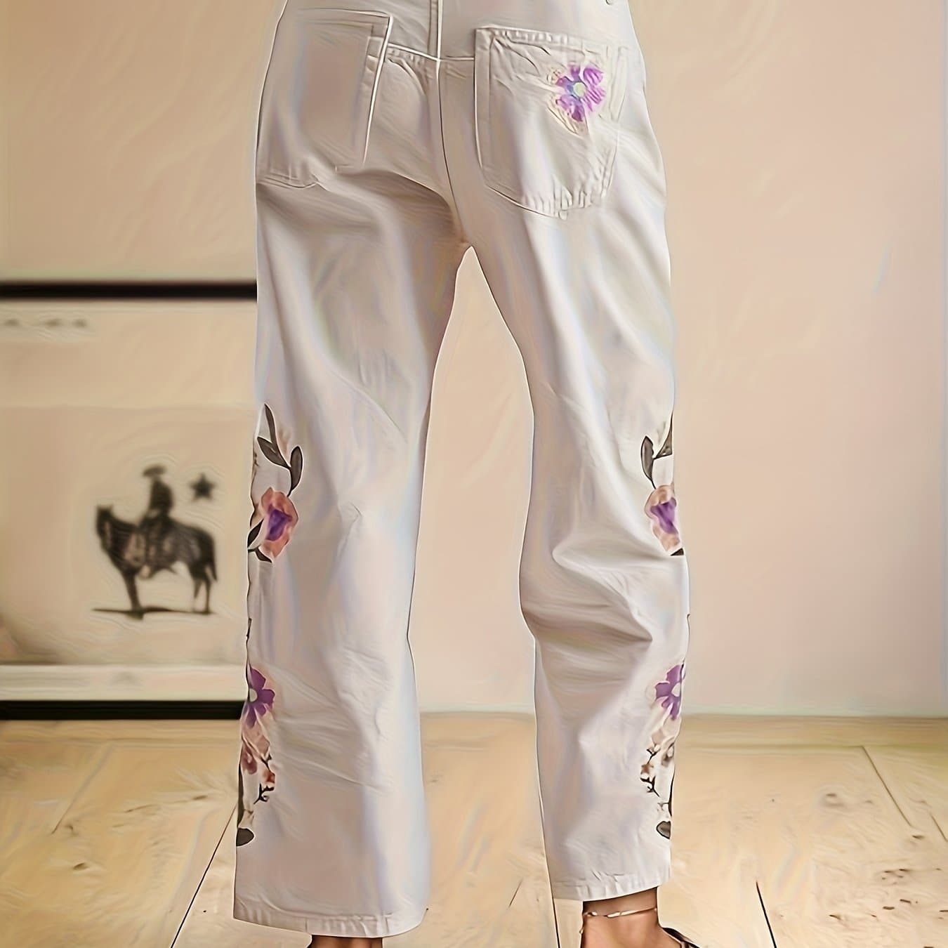 TEMU Women's Jeans, American Floral Embroidered Denim, High Waisted Loose Straight Tube Versatile For Daily Use (belt Not Included As A Gift)
