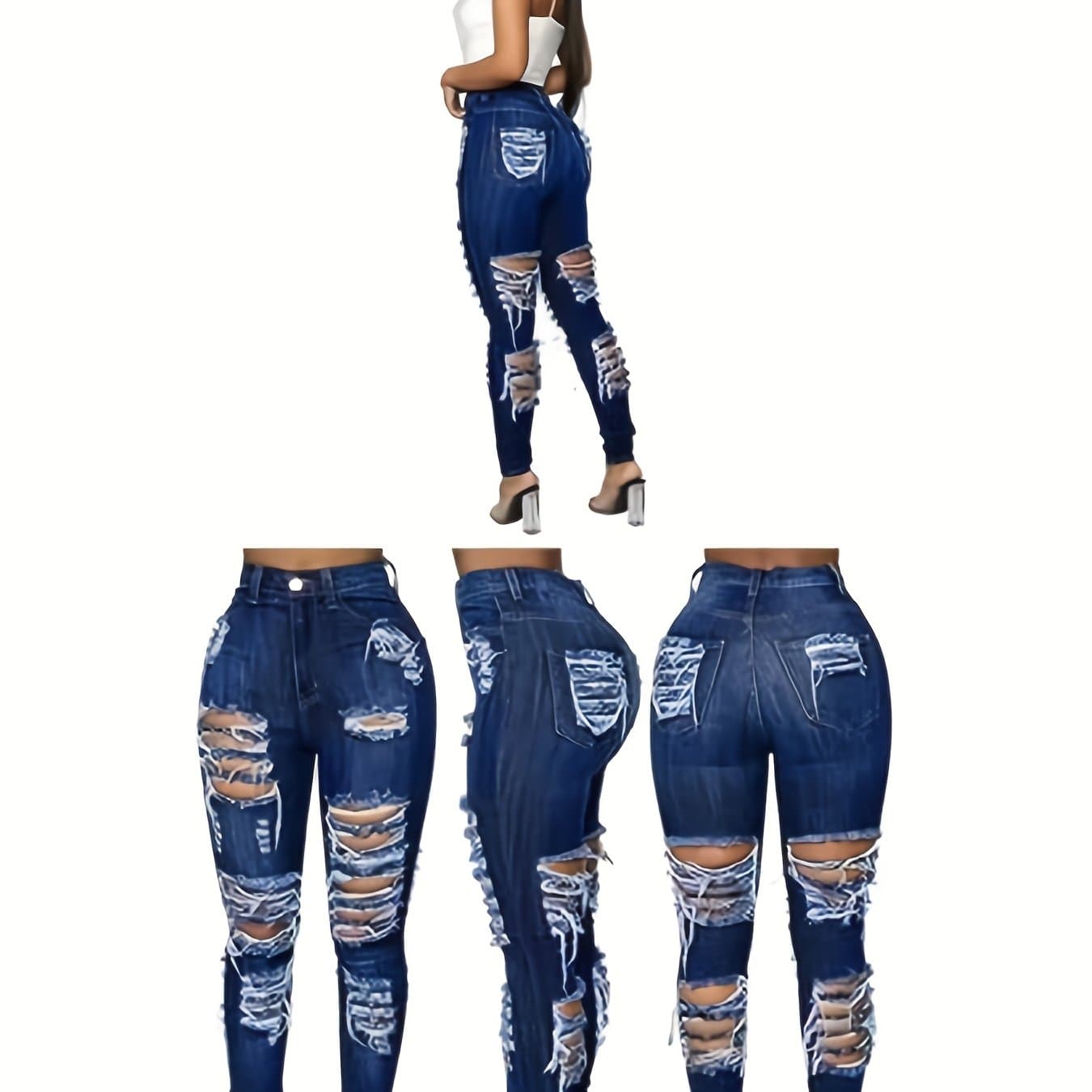 TEMU Women's Hole High Elastic Tight Denim Pants