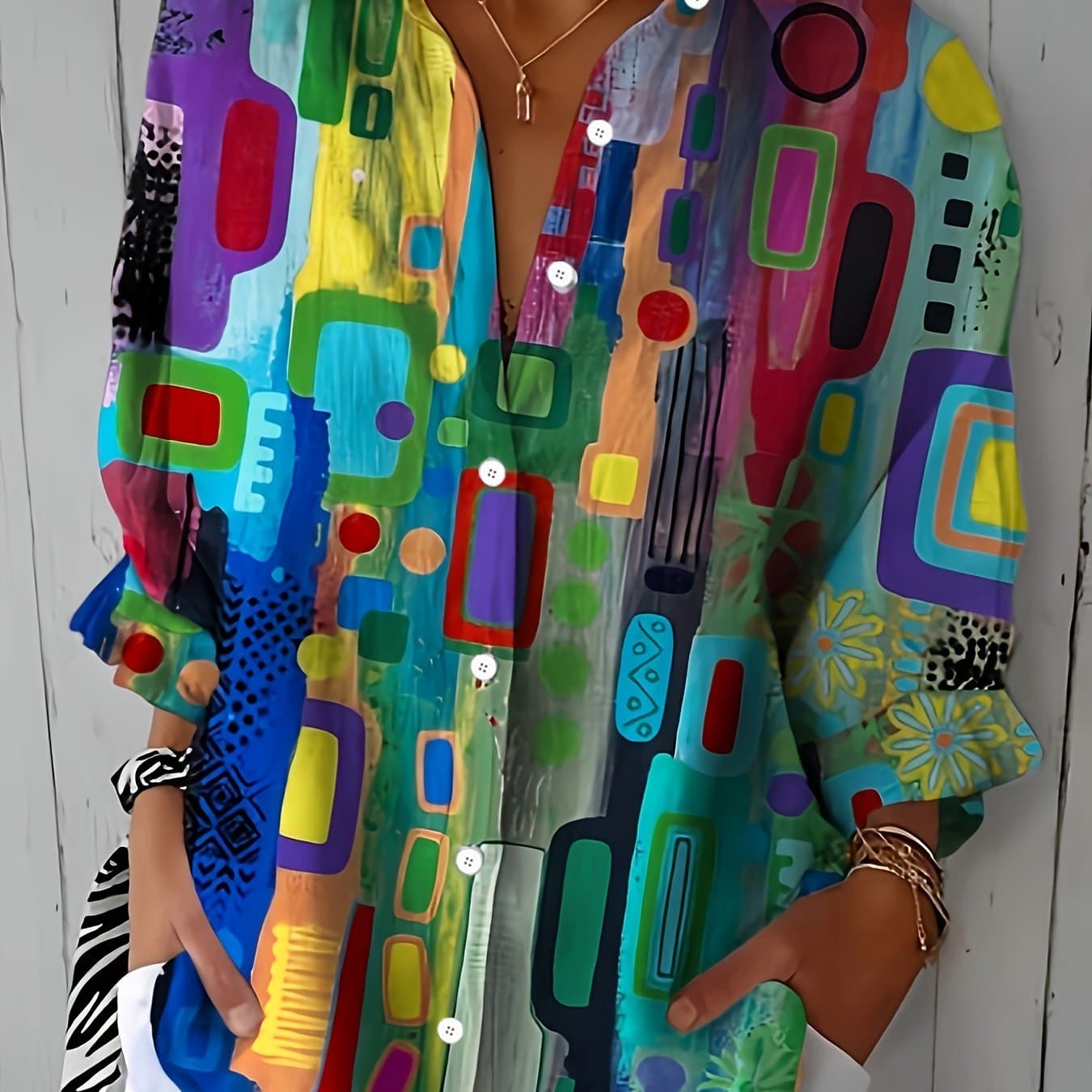 TEMU Day Geometric Print Simple Shirt, Casual Button Front Long Sleeve Shirt, Women's Wear