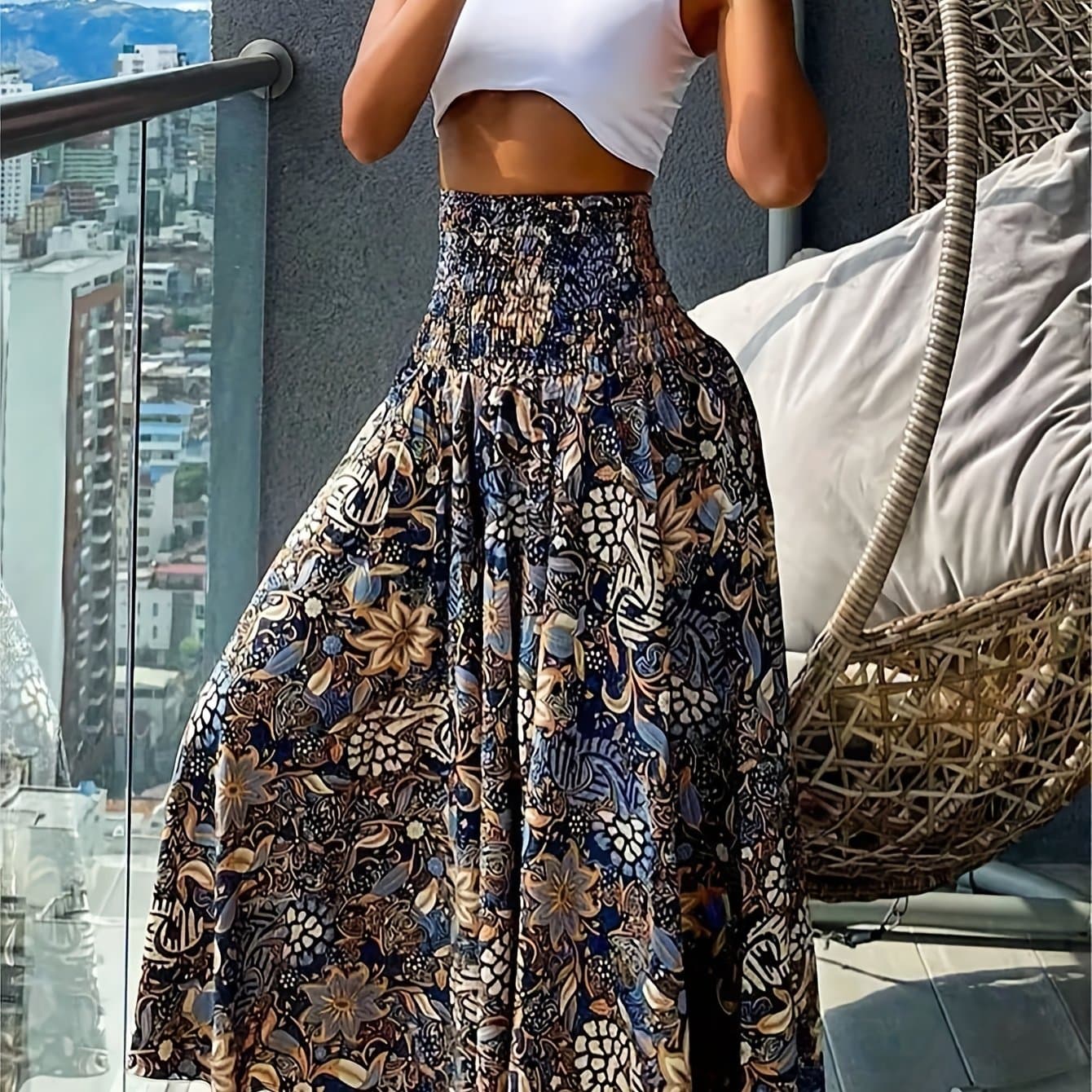 TEMU Women's Bohemian Print Pleated Waist Skort