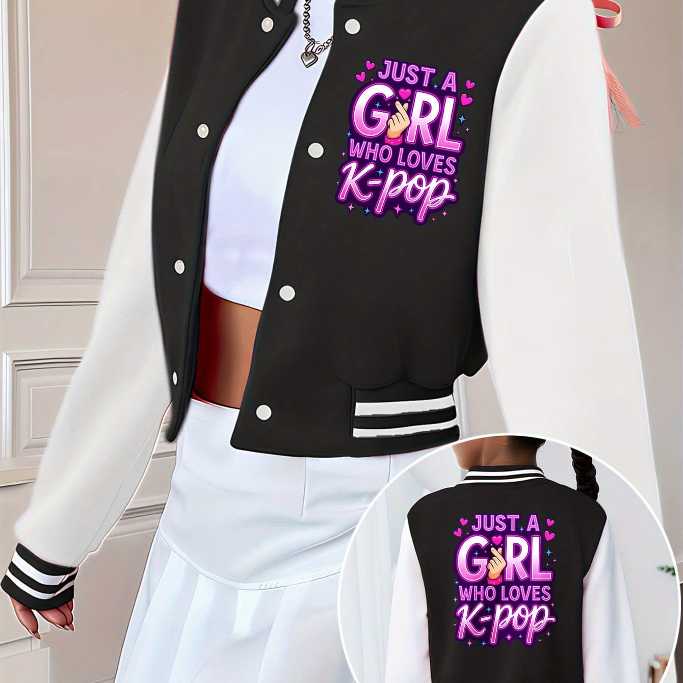 TEMU 1pc Autumn Winter Tween Girls Clothes Who K Pop Double Sided Print Short Cropped School Style Girl Baseball Jacket For Kids Clothes Girls