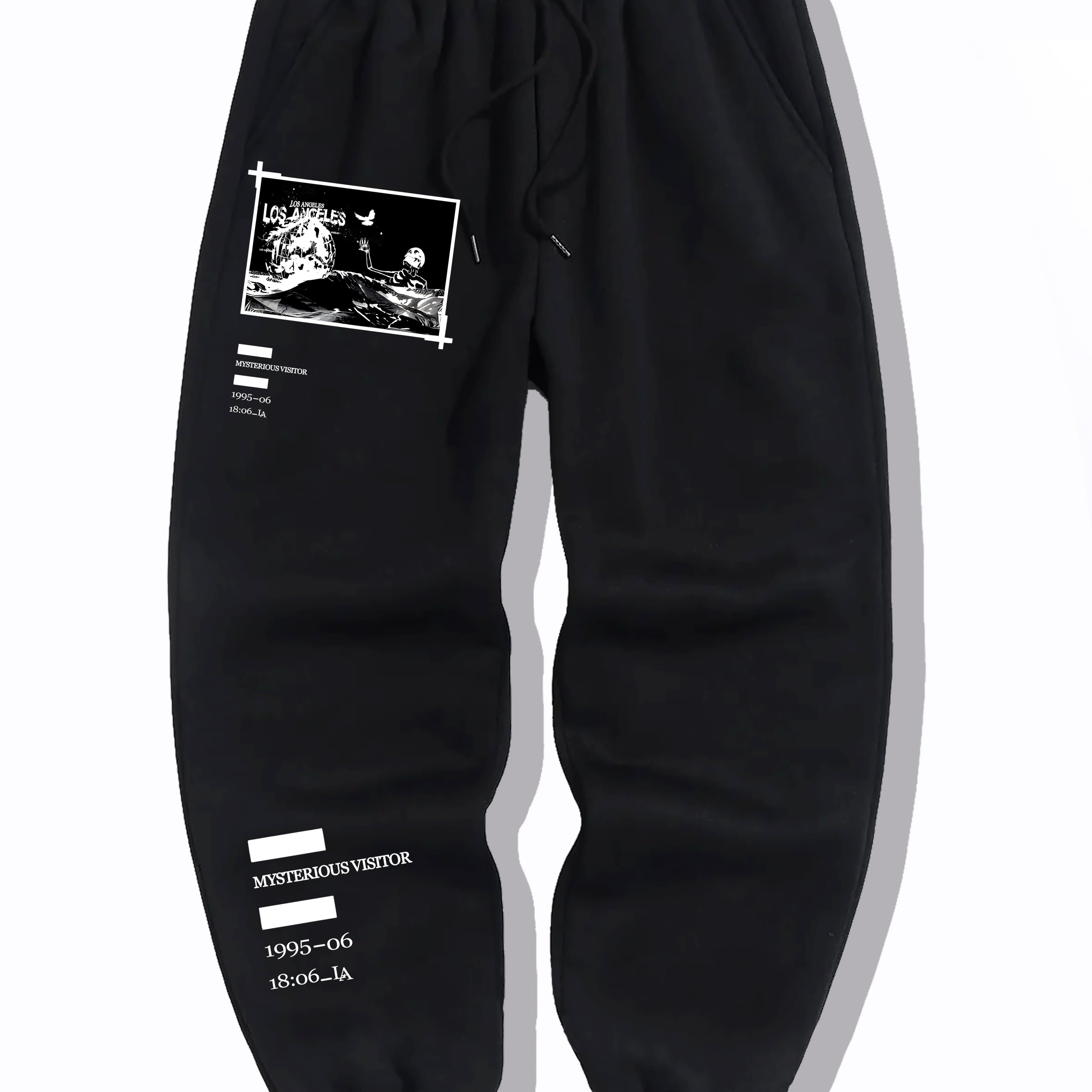TEMU Men's Casual Joggers With Skull & Moon Print - Drawstring, Stretch Fabric, Fall/winter
