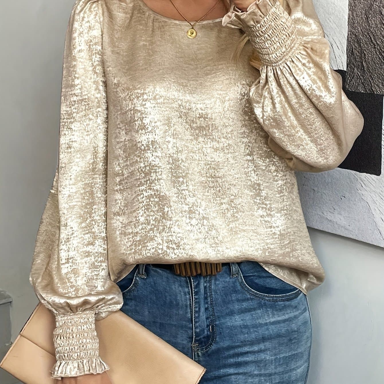 TEMU Round Neck Golden Flared Sleeve Shirt