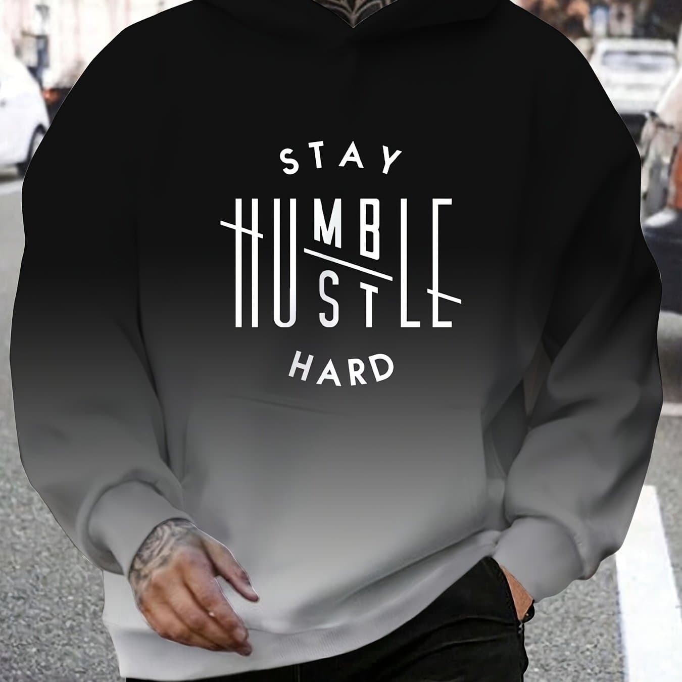 TEMU Men's Gray Gradient Print Hoodie, Graphic Hoodie With Kangaroo Pocket, Comfortable And Loose Fashion Hoodie Pullover, Autumn And Winter Men's Clothing
