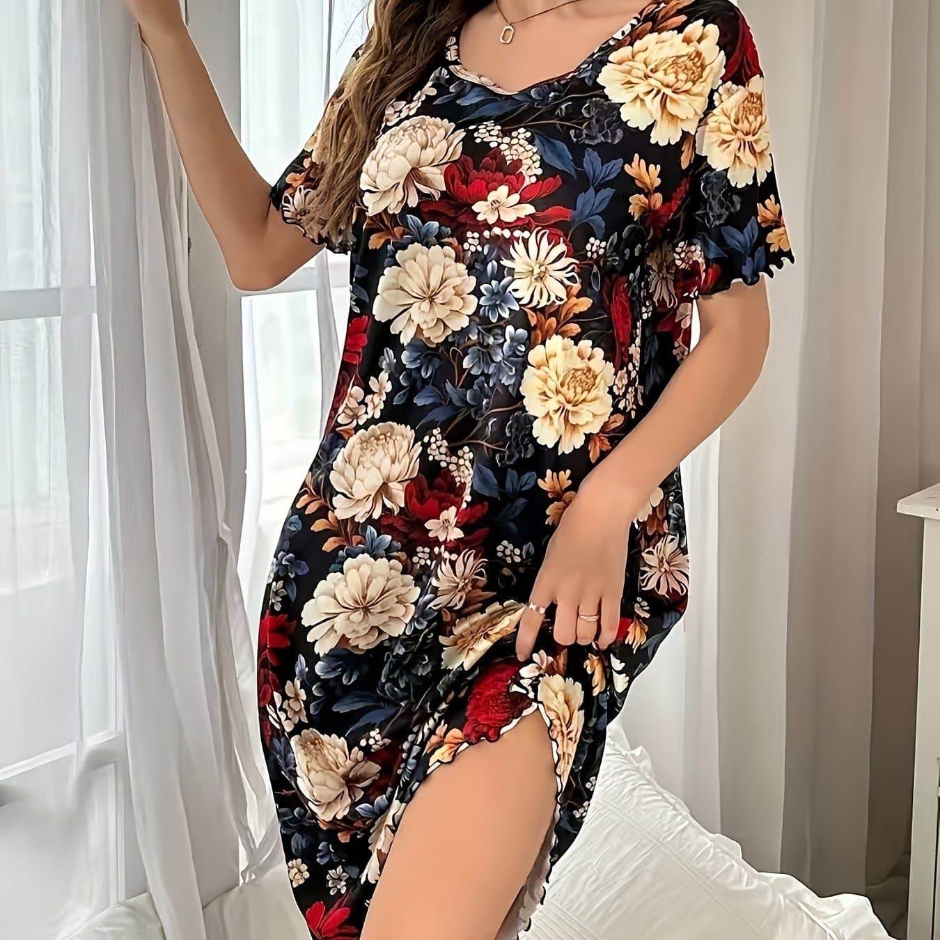 TEMU Women's Peony Floral Print Short-sleeve Nightgown - Soft And Breathable Round Neck Sleeprobe, Machine Washable Casual Wear, Loose And Comfortable Pajamas