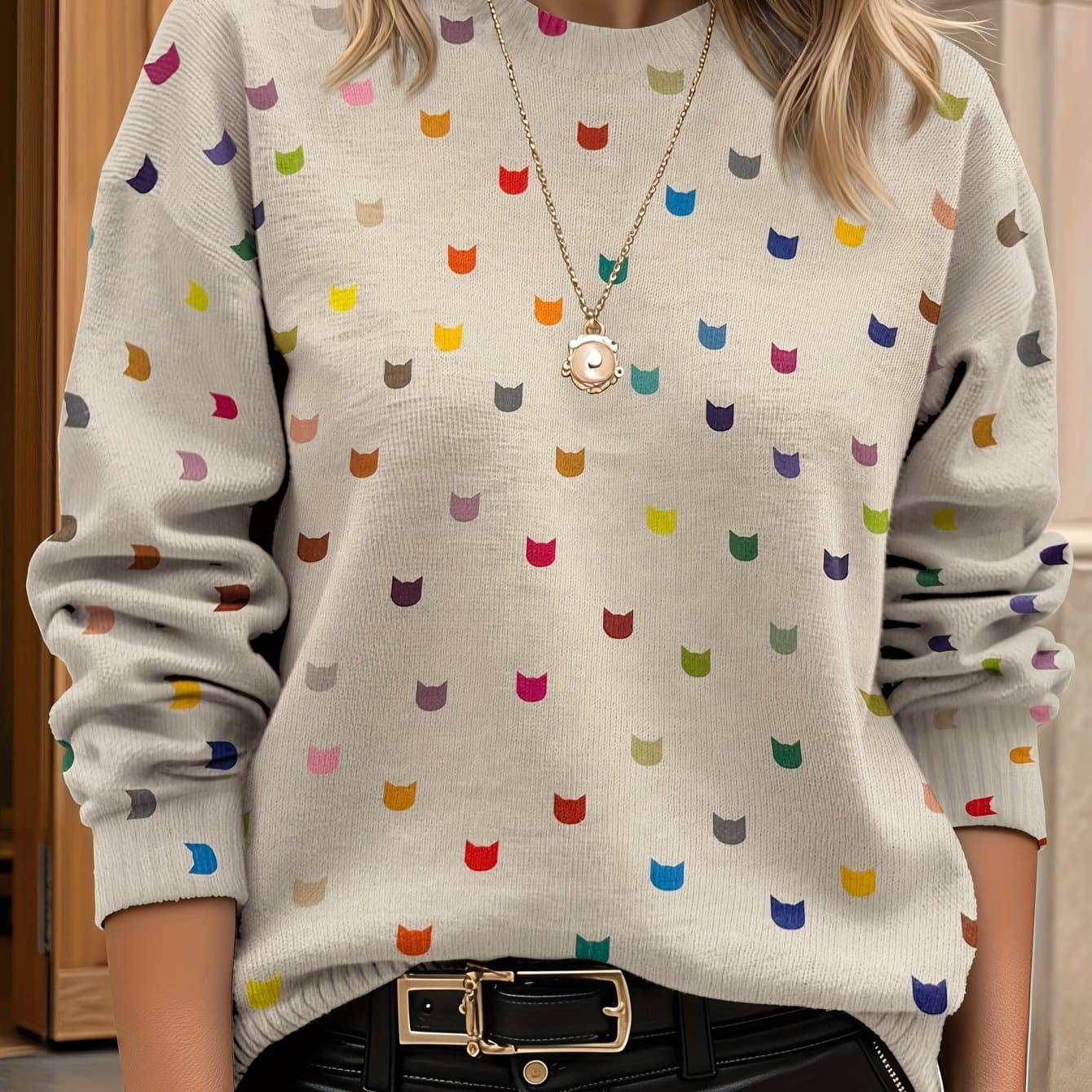 TEMU [all-] [lightweight] [sweater] All- Cats Pattern Lightweight, Casual Crew Neck Long Sleeve Sweater, Women's Clothing