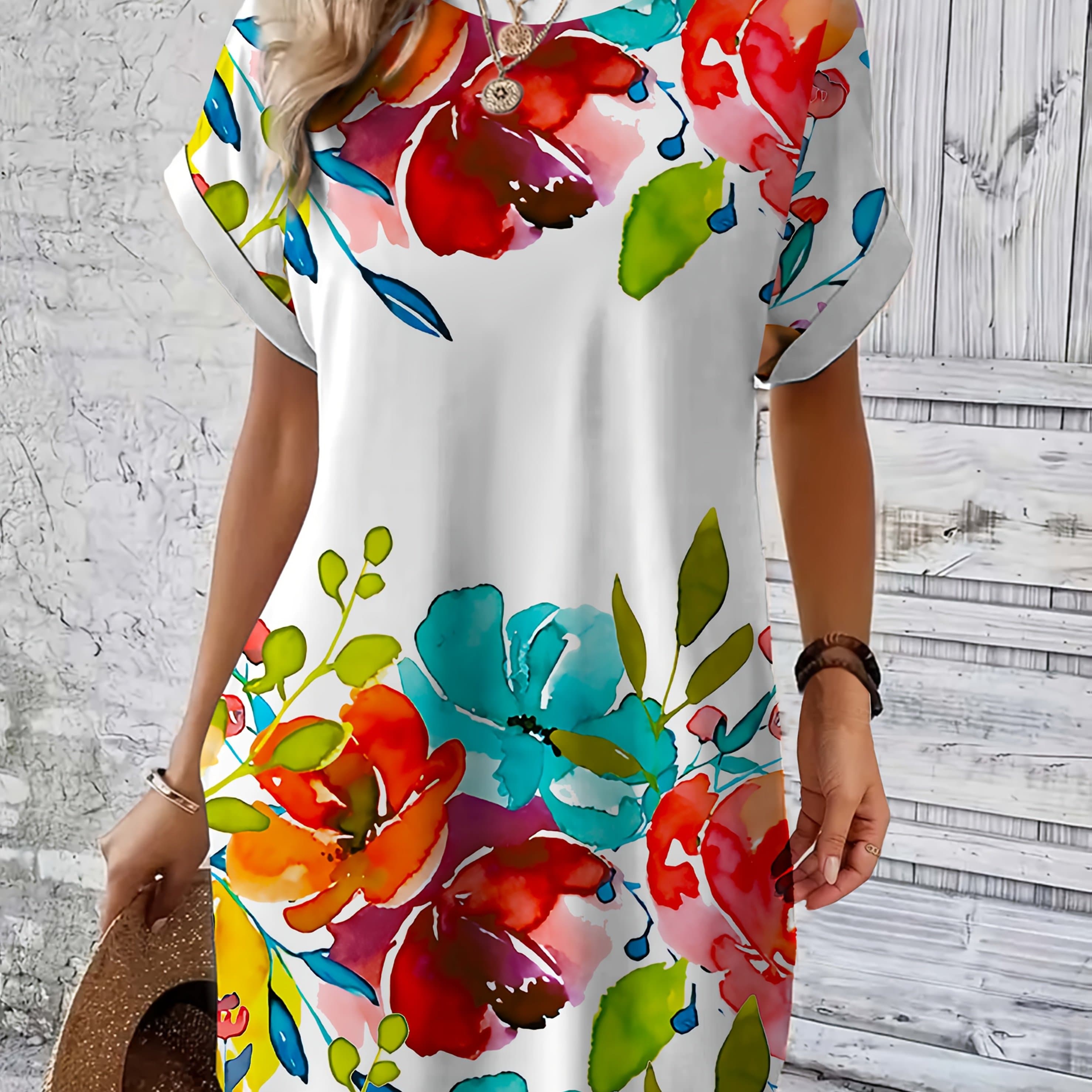 TEMU Colorful Floral Print Short-sleeved Nightdress With Sleeved Pajamas For Home And Out