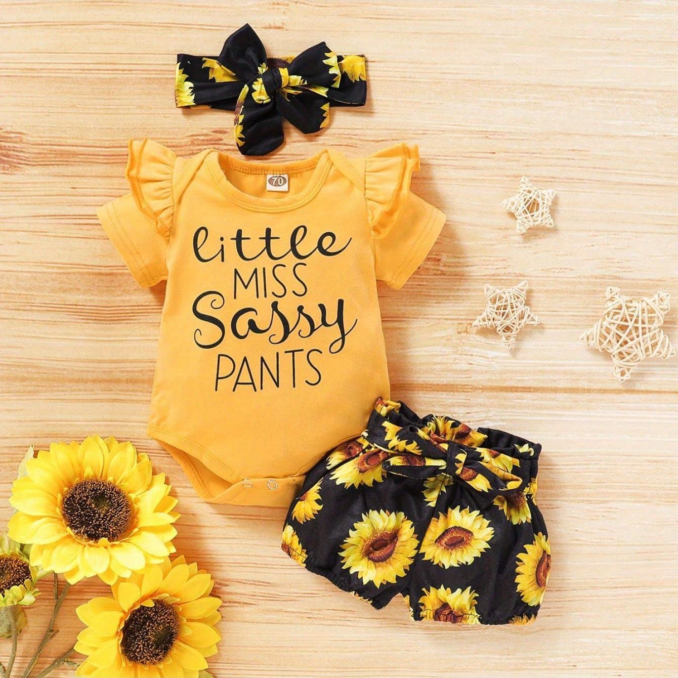 TEMU 3pcs Baby Girl Clothes Set, Short Sleeve Romper + Sunflower Print Long/short Pants + Headband Summer Outfits, Outdoor