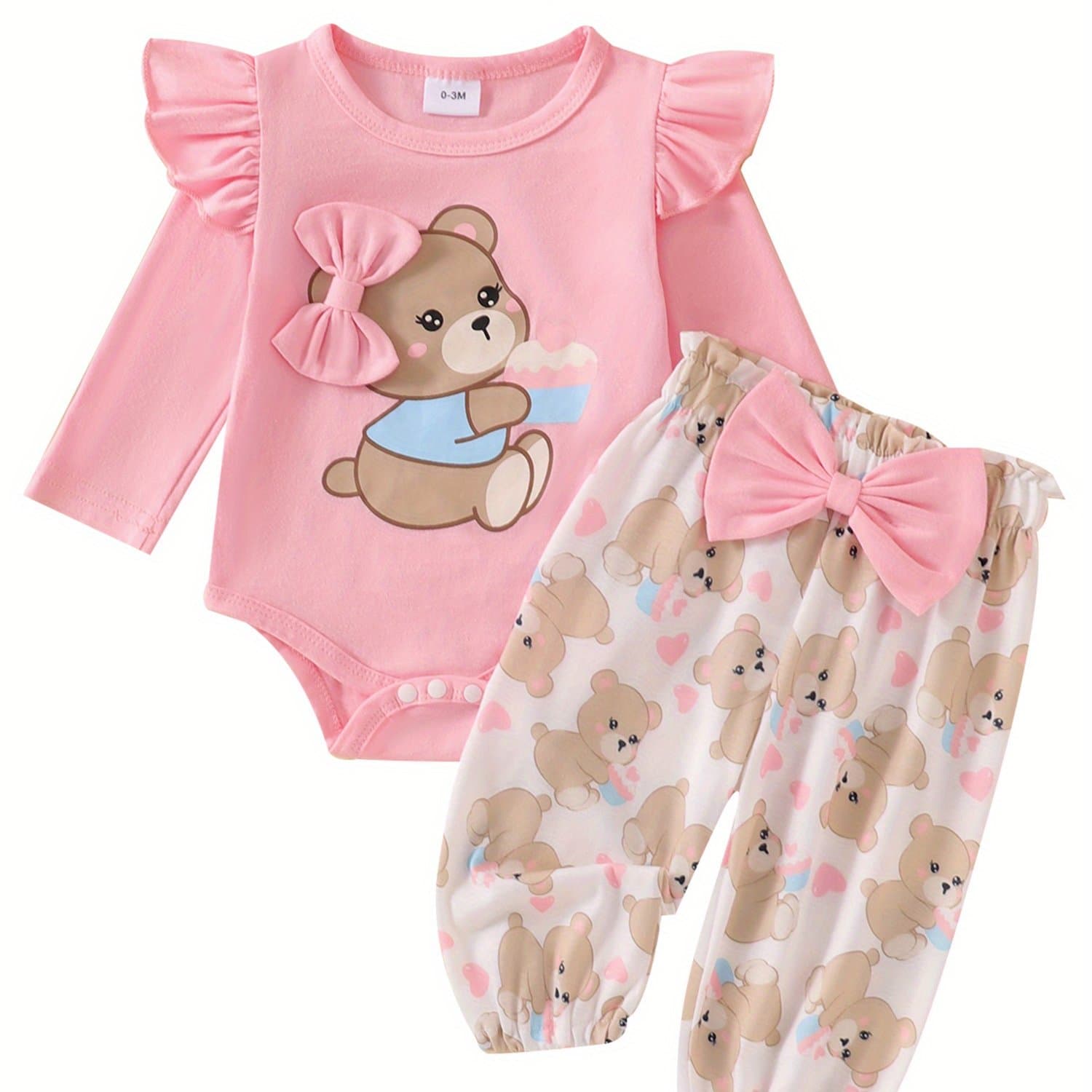 TEMU Baby Girl Fall Outfit, Bear Print Long Sleeve Romper Elastic Waist Pants Bow Headband 3pcs Set, Outdoor