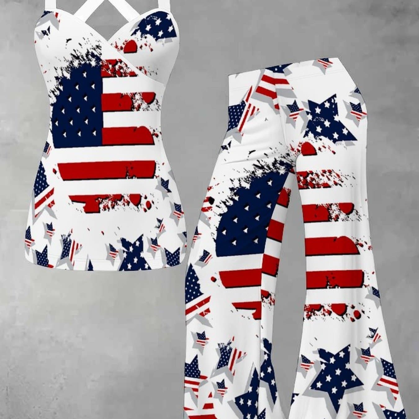 TEMU Summer New Women's Backless Tank Top And Flare Pants Two-piece Set, Usa 250th Day Flag Print Pattern, Versatile, Casual, Trendy Fashion Set For Home And Outdoors