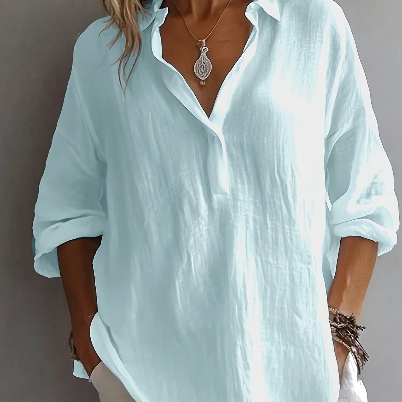TEMU Plus Size, New Stunningly Elegant Versatile Plus-size Women's Shirt With Half-open Collar And Long Sleeves