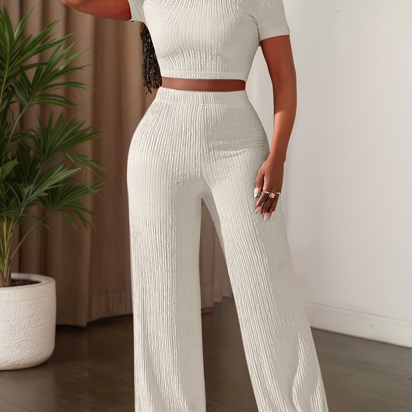 TEMU 2025 New Solid Color Short Sleeve Top And Wide Leg Pants Casual Set