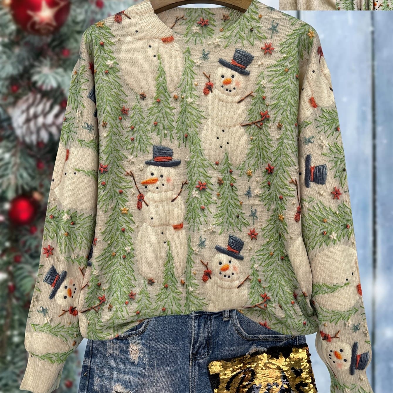 TEMU [printed Design - Not Textured] [all-] [thin] [sweater] All- Christmas Snowman Pattern Thin, Casual Crew Neck Long Sleeve Sweater, Women's Clothing