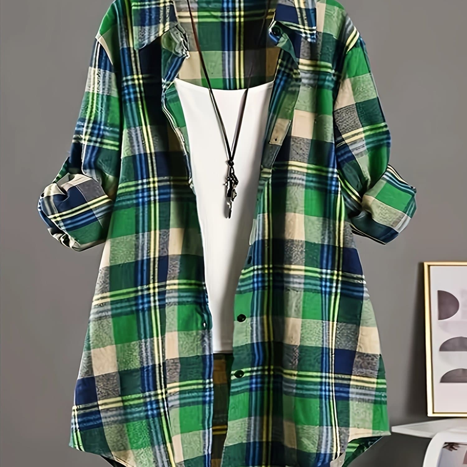 TEMU For Plus Size - For Plus Size - Autumn And Winter Plaid Long Sleeve Button Up Casual Shirt - Plaid Print, Button , Pockets, Thin And Thick - A Versatile Shirt For Plus Size Ladies For